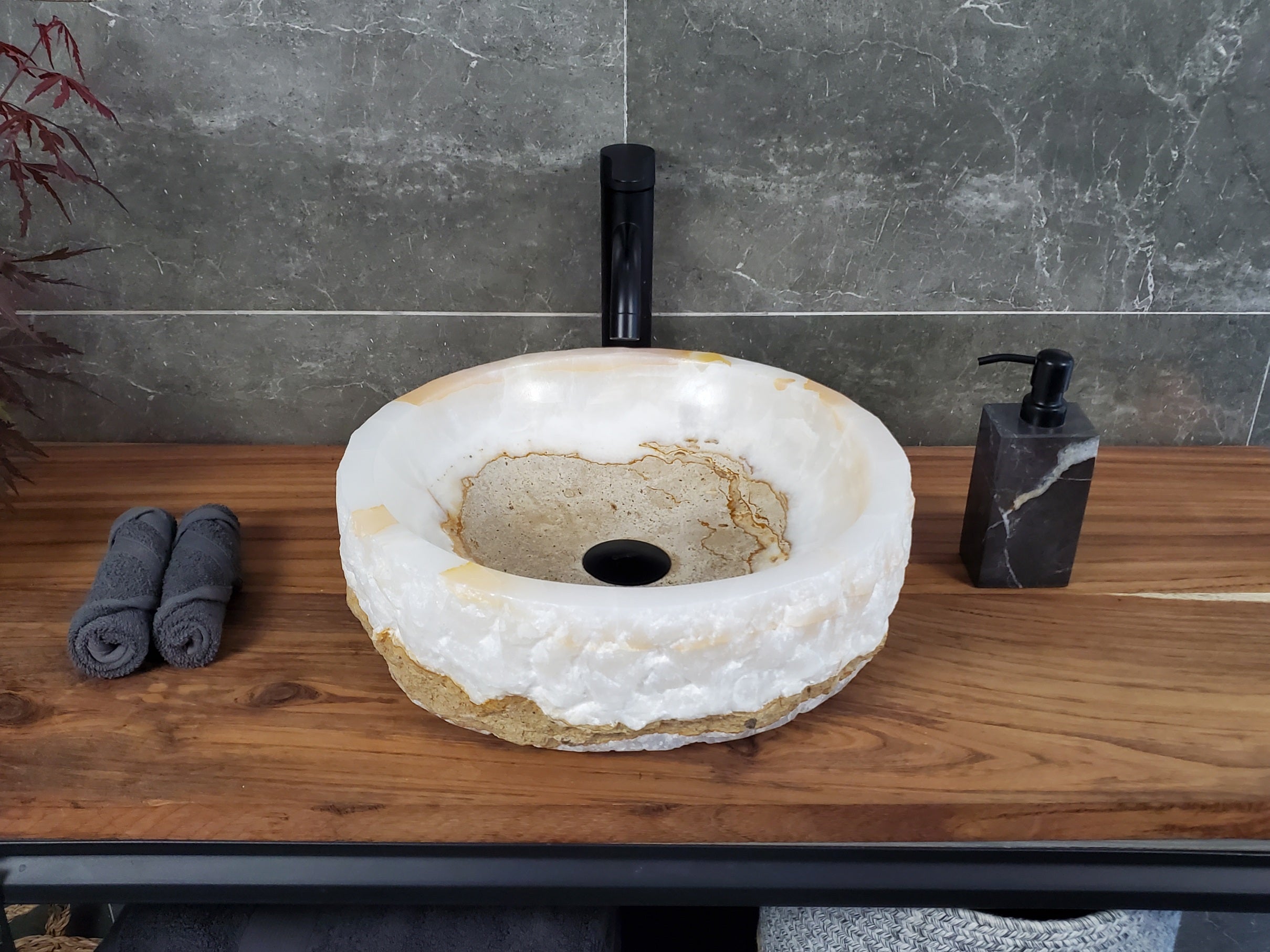 White Onyx Marble Vessel Sink – Round Natural Stone Countertop Sink, Polished Vanity Basin, Luxury Spa Bathroom Decor 16 Inch S40_06 Bathroom Sinks Featured Onyx Sinks Sinks