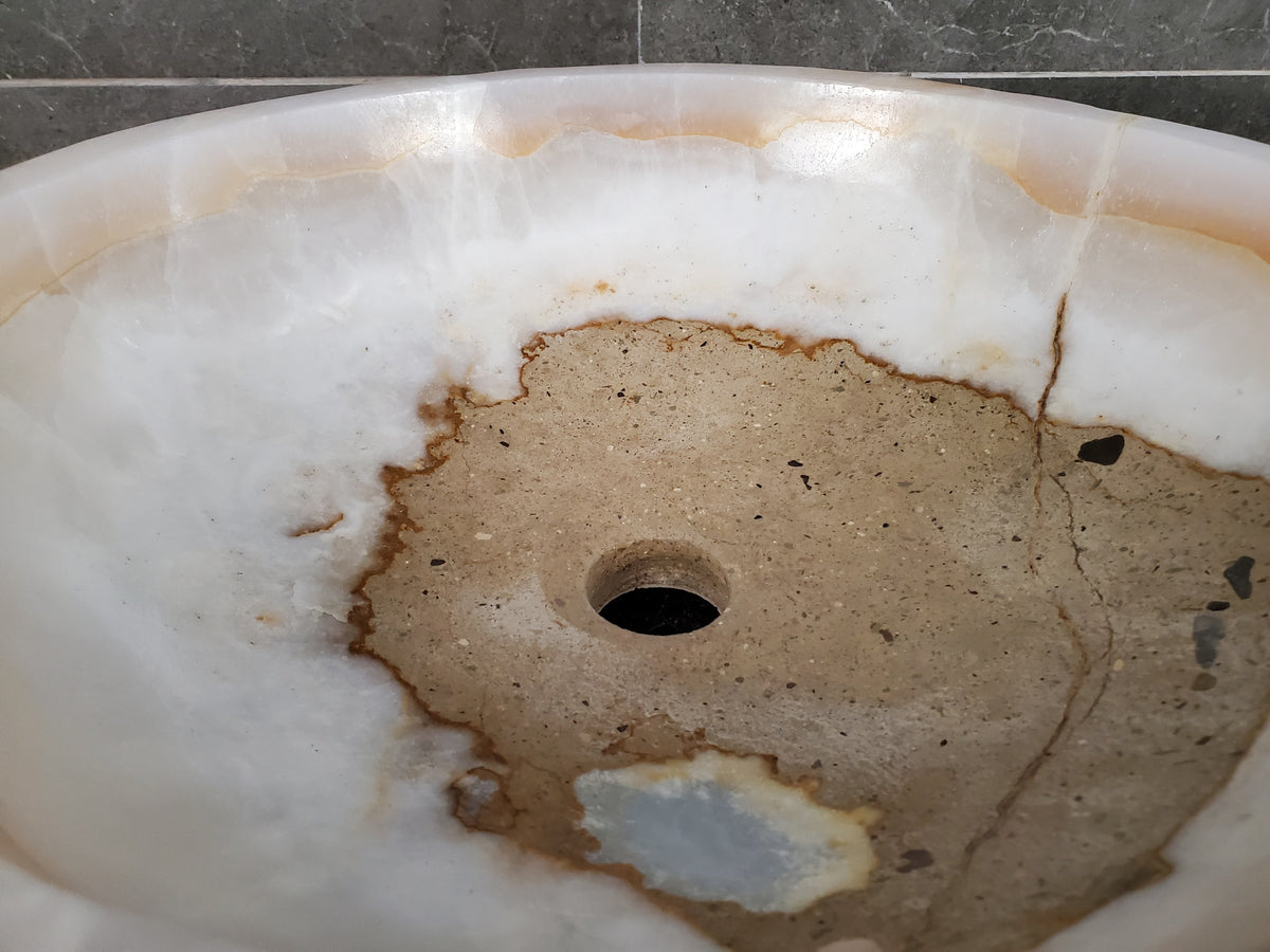 White Onyx Marble Vessel Sink, Natural Stone Vanity Basin, Polished Bathroom Countertop Sink, Spa Decor 16x16 Inch S40_07 Bathroom Sinks Featured Onyx Sinks Sinks