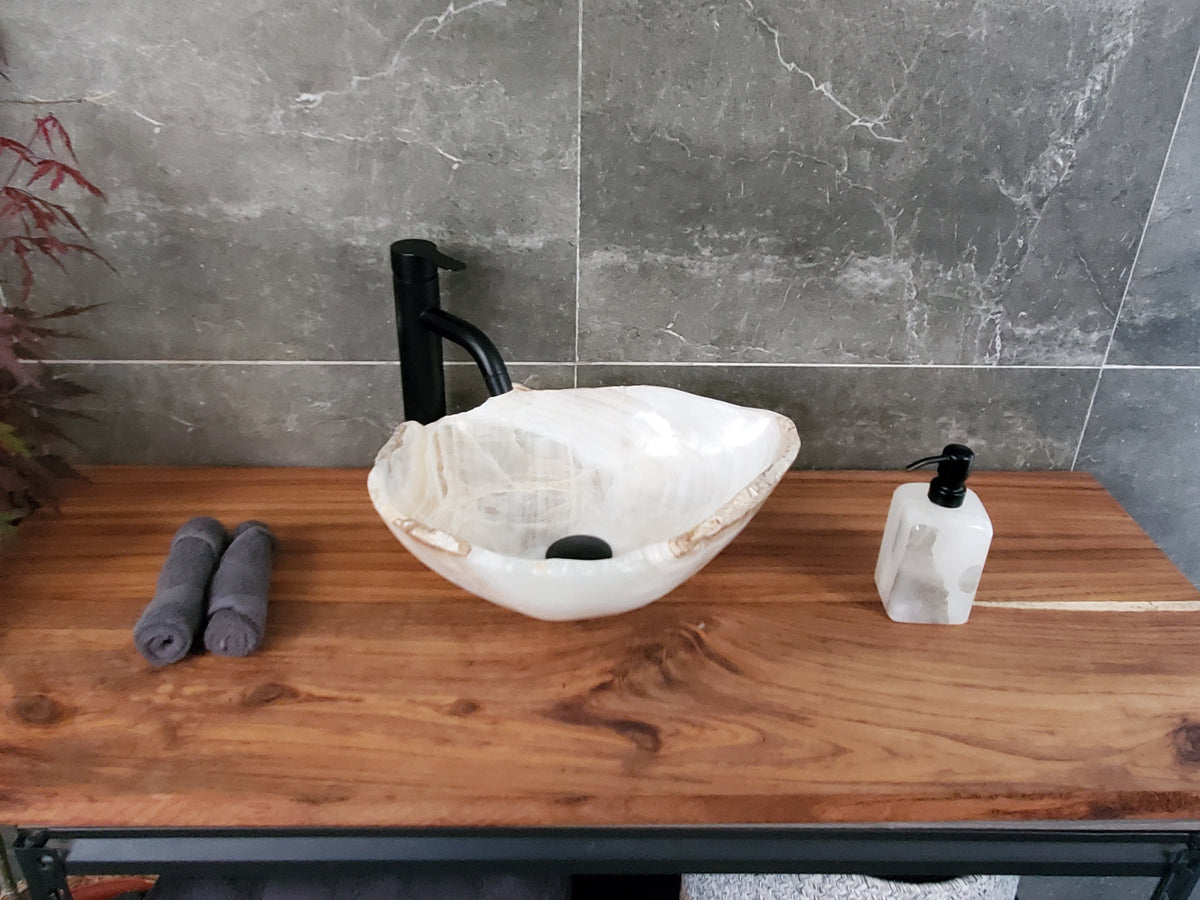White Onyx Vessel Sink – Natural Stone Countertop Sink, Polished Vanity Basin, Luxury Spa Bathroom Decor 16x13 Inch S40_14