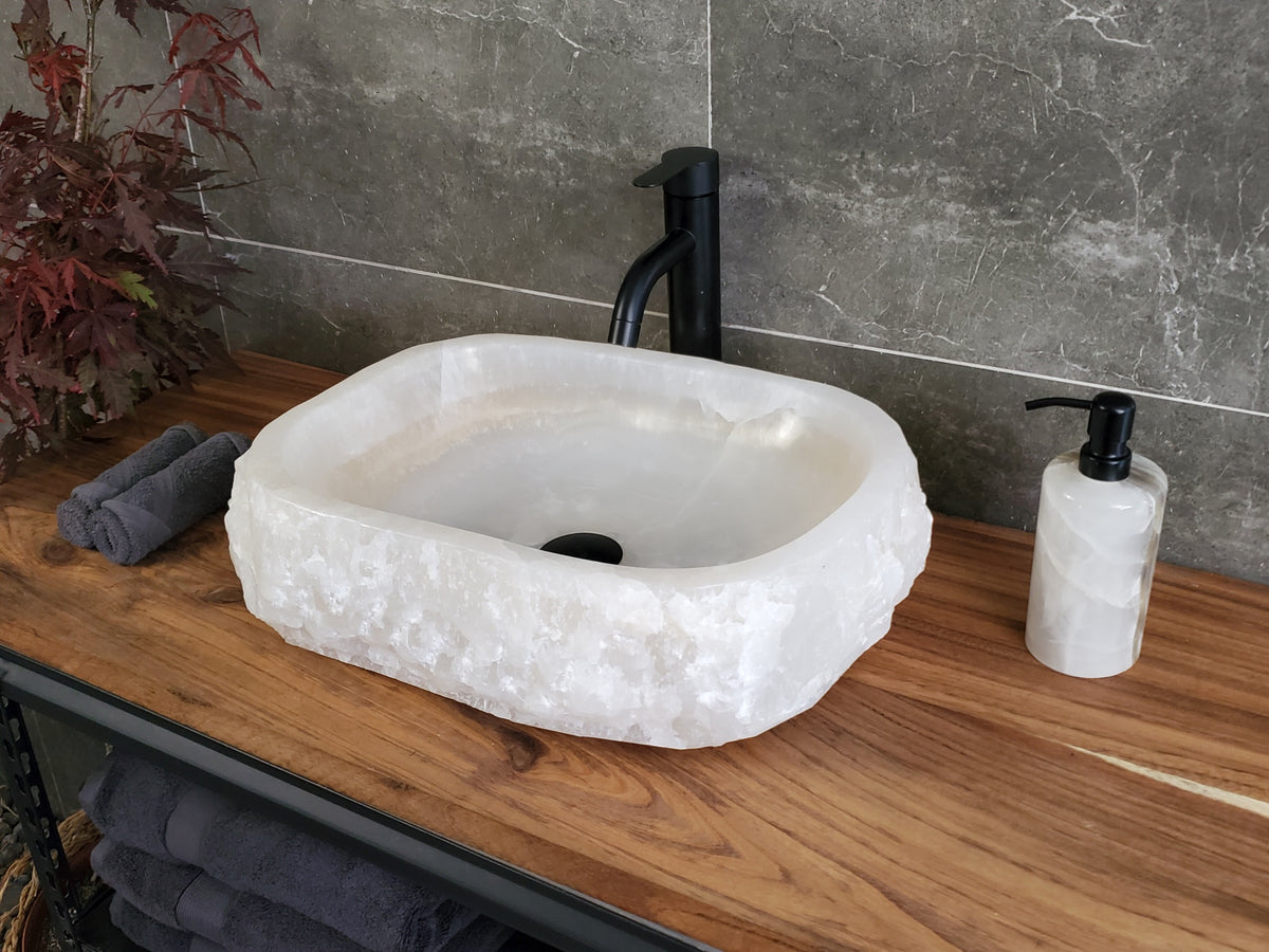 White Cream Onyx Marble Vessel Sink, 18x13 Inch Natural Stone Countertop Basin, Polished Luxury Vanity Sink, Spa Bathroom Decor S40_05 Bathroom Sinks Featured Onyx Sinks Sinks