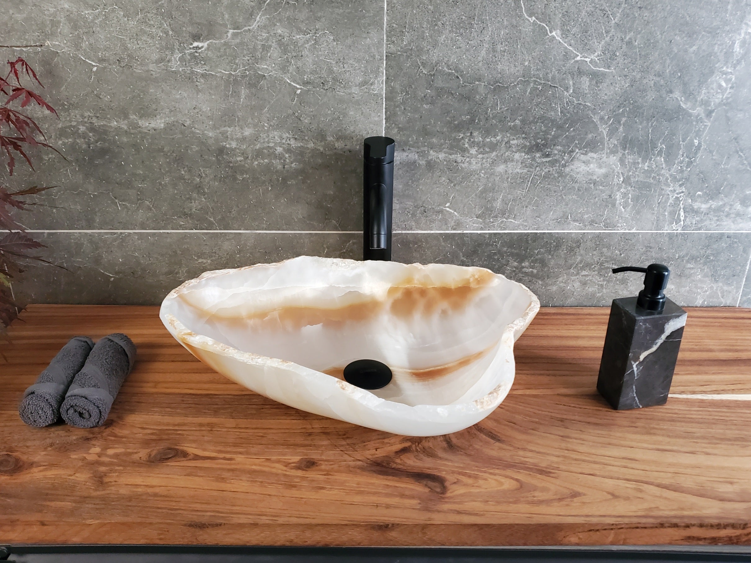 White Onyx Vessel Sink – Natural Stone Countertop Sink, Polished Vanity Basin, Luxury Spa Bathroom Decor 19x14.5 Inch S40_18