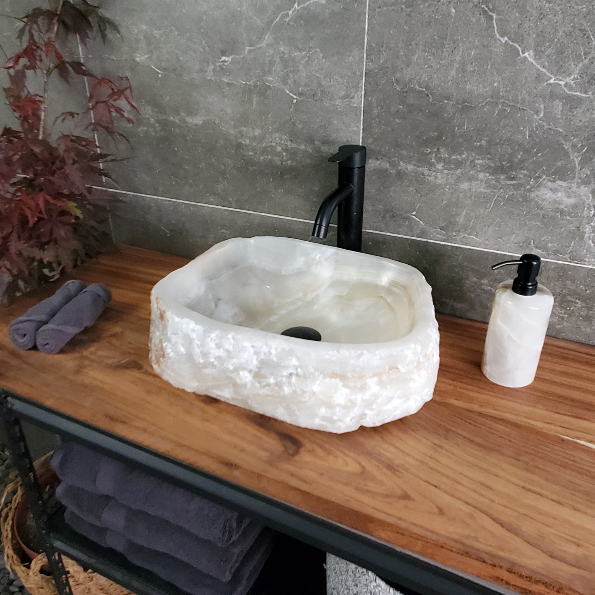 White Cream Onyx Marble Vessel Sink, Natural Stone Vanity Basin, Polished Bathroom Countertop Sink, Spa Decor 15.5x13 Inch S40_04 Bathroom Sinks Featured Onyx Sinks Sinks