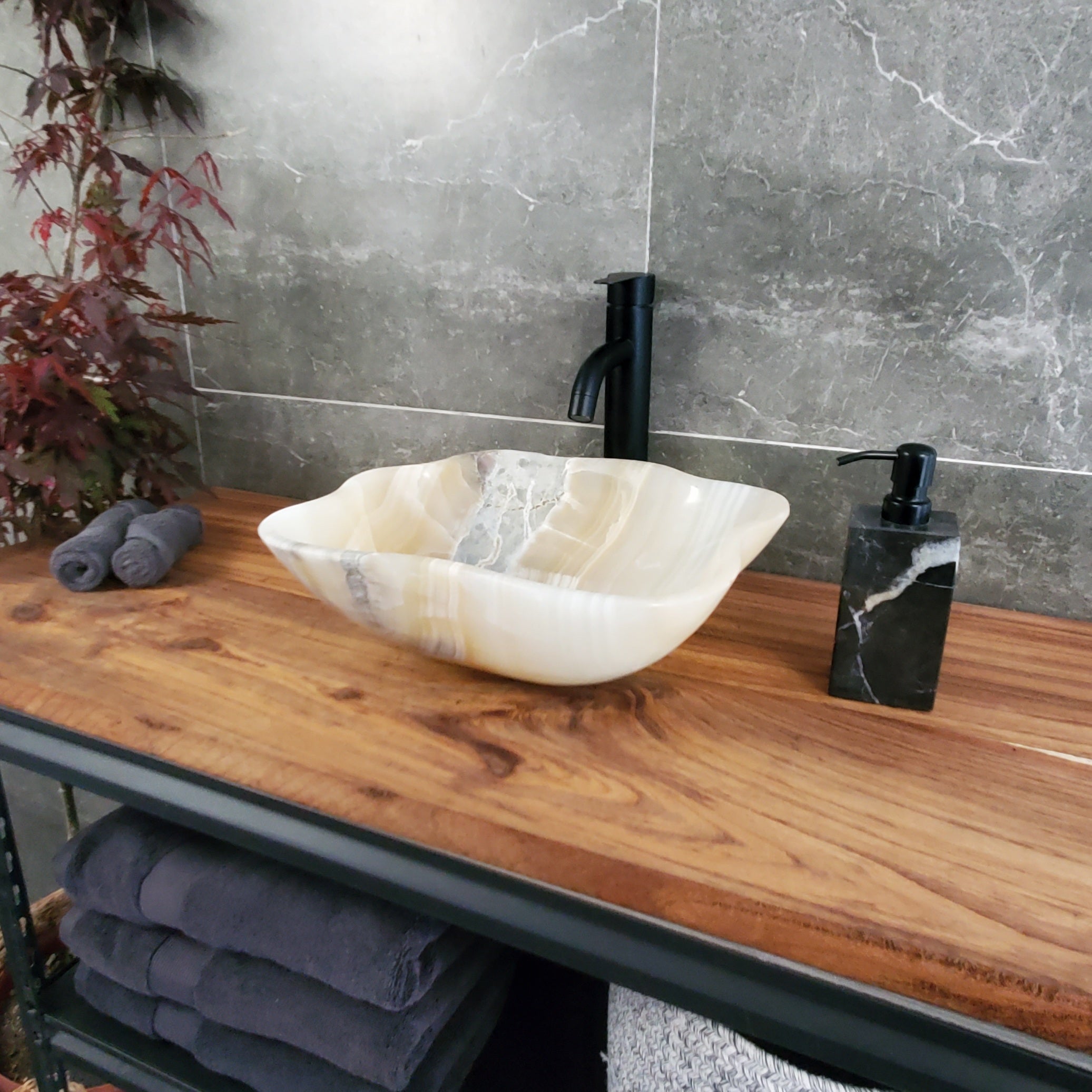 White Onyx Vessel Sink – Natural Stone Countertop Sink, Polished Vanity Basin, Luxury Spa Bathroom Decor 14.5x13.5 Inch S40_16