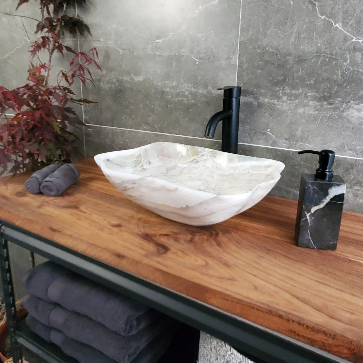 White Onyx Vessel Sink, Natural Stone Vanity Basin, Polished Bathroom Countertop Sink, Spa Decor 14x14 Inch S40_19