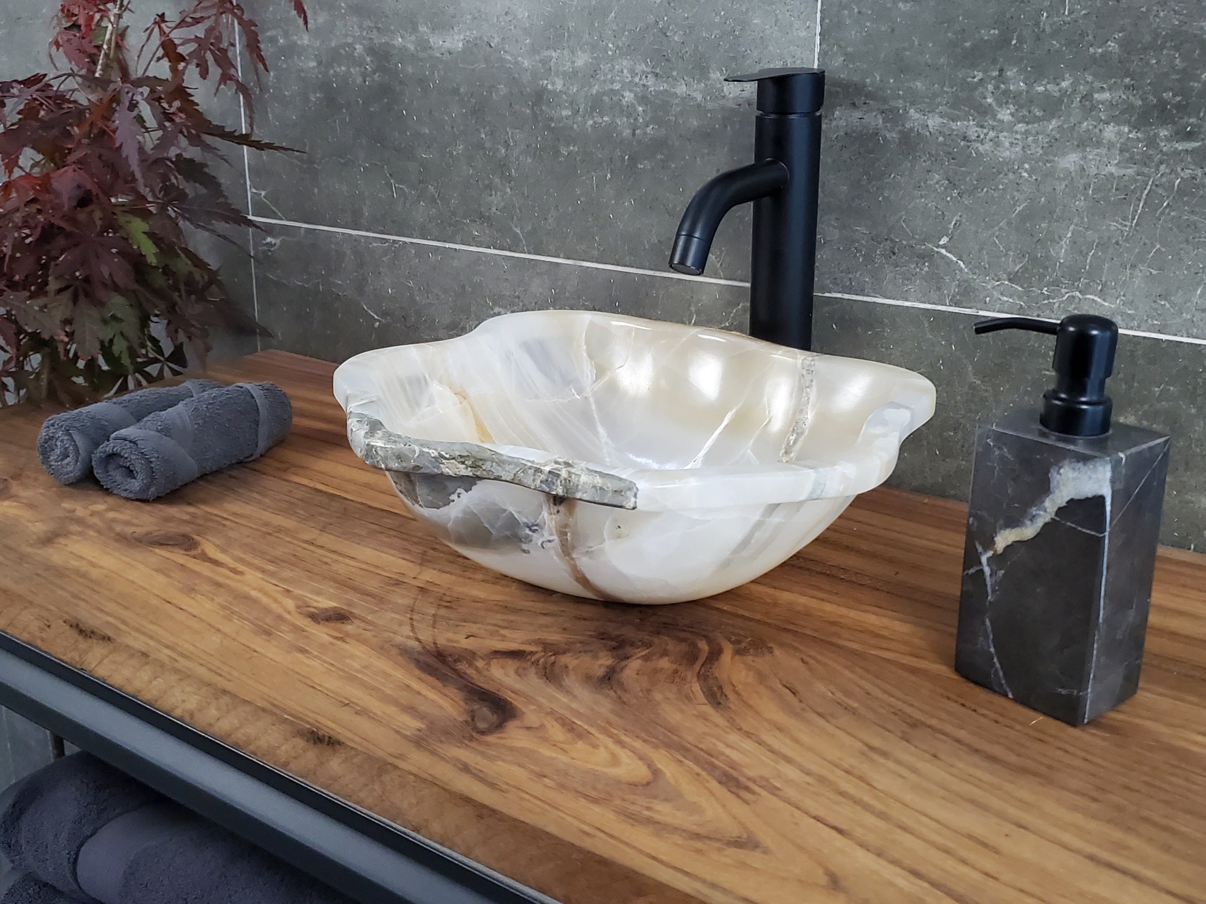 Cream White Onyx Vessel Sink, 14x13 Inch Natural Stone Countertop Basin, Polished Luxury Vanity Sink, Spa Bathroom Decor S40_23