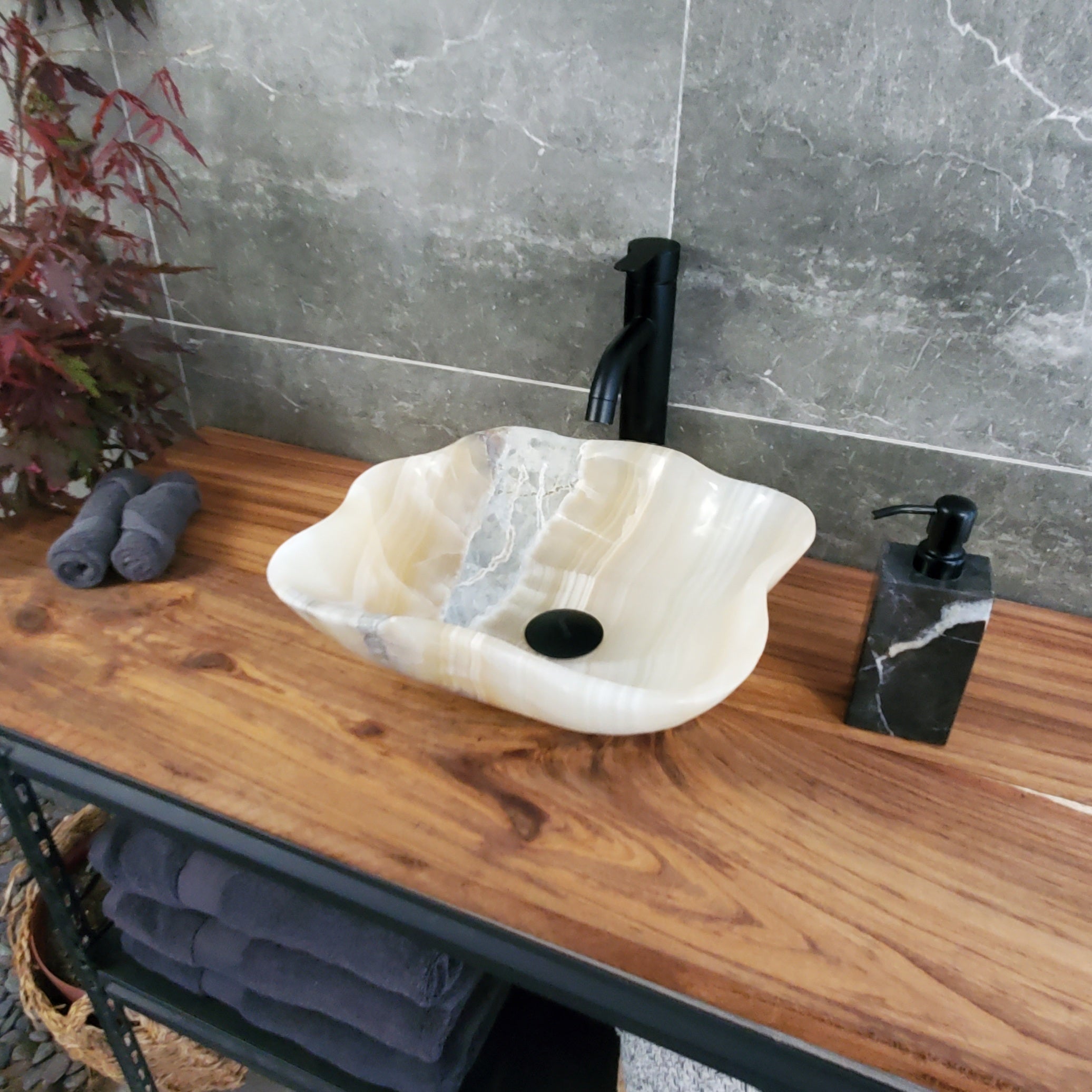 White Onyx Vessel Sink – Natural Stone Countertop Sink, Polished Vanity Basin, Luxury Spa Bathroom Decor 14.5x13.5 Inch S40_16