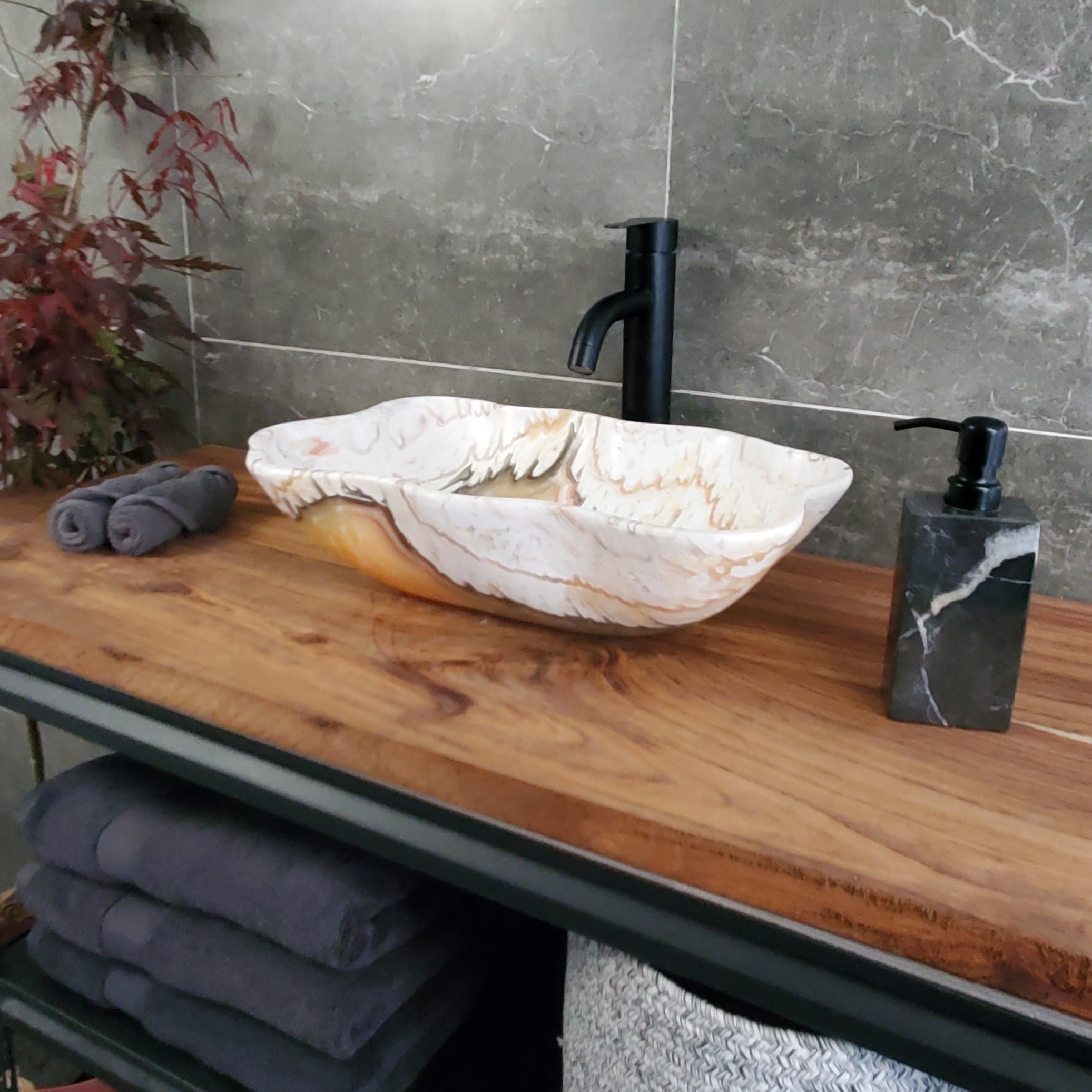White Onyx Vessel Sink, 18x12 Inch Natural Stone Countertop Basin, Polished Luxury Vanity Sink, Spa Bathroom Decor  S40_20