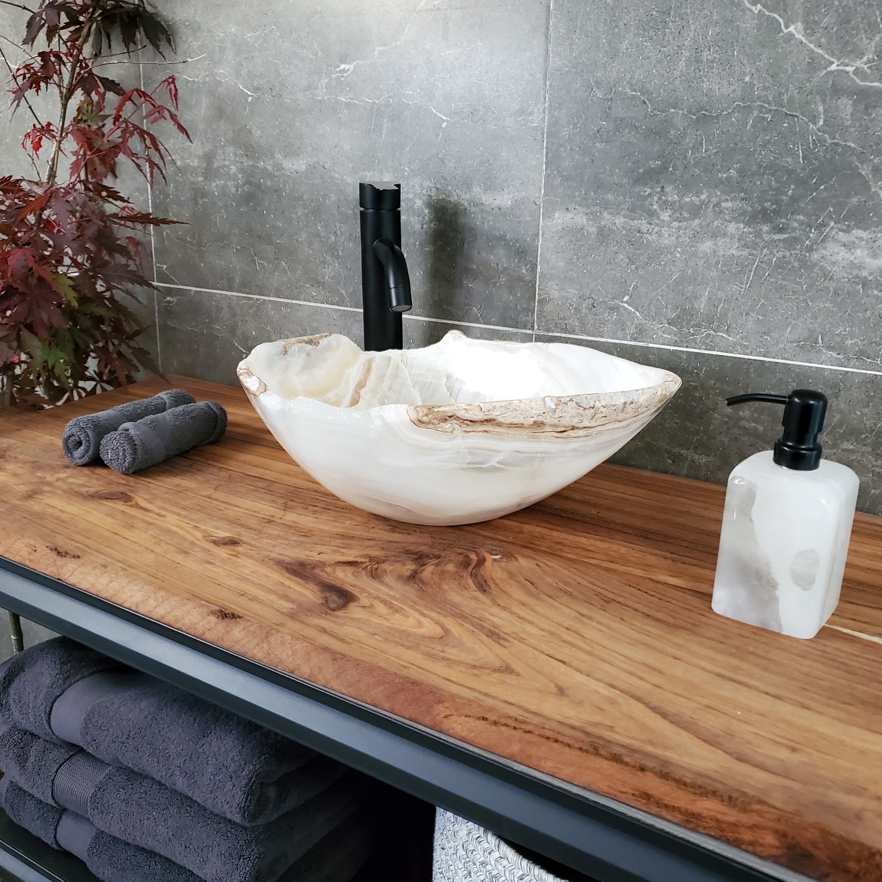 White Onyx Vessel Sink – Natural Stone Countertop Sink, Polished Vanity Basin, Luxury Spa Bathroom Decor 16x13 Inch S40_14