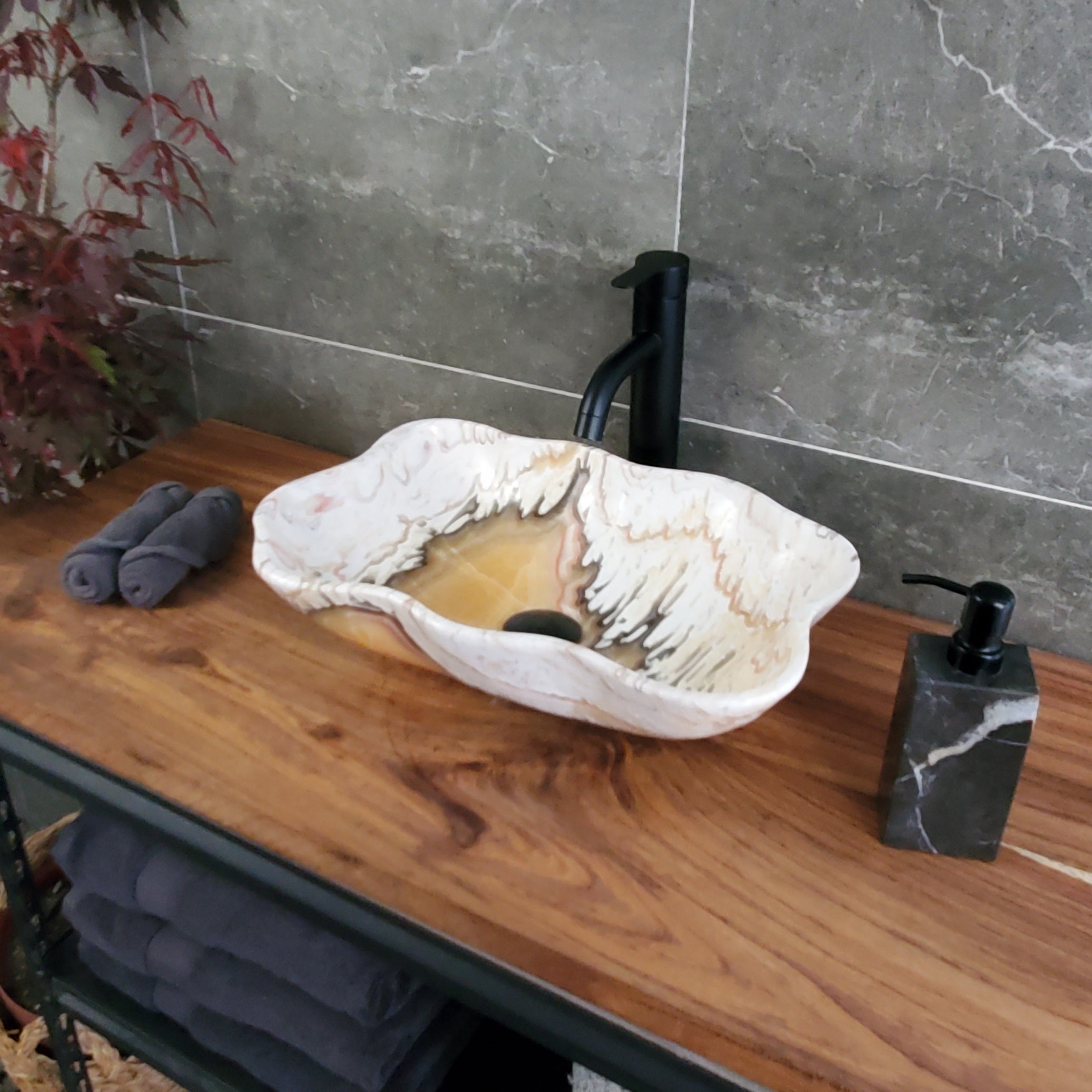 White Onyx Vessel Sink, 18x12 Inch Natural Stone Countertop Basin, Polished Luxury Vanity Sink, Spa Bathroom Decor  S40_20