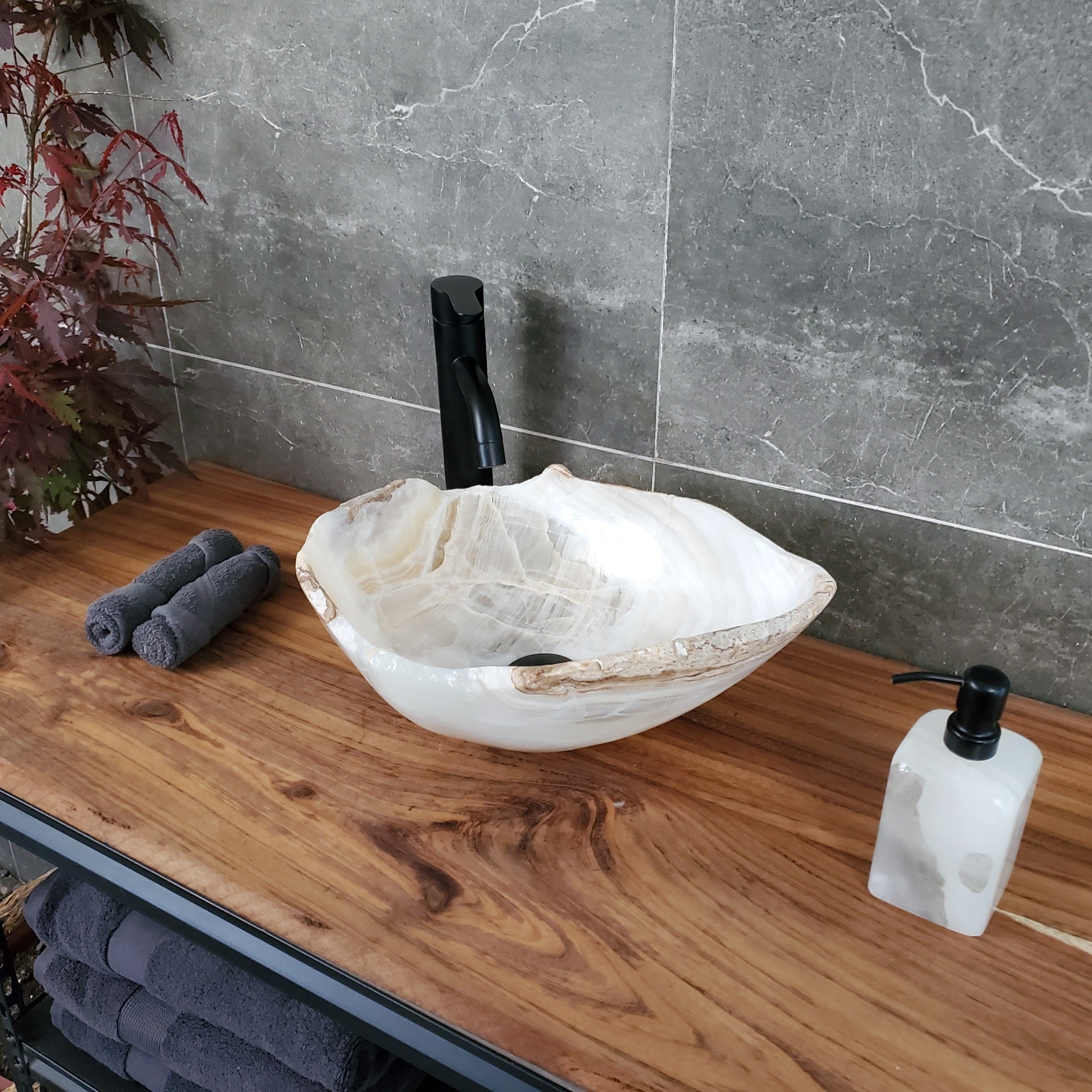 White Onyx Vessel Sink – Natural Stone Countertop Sink, Polished Vanity Basin, Luxury Spa Bathroom Decor 16x13 Inch S40_14
