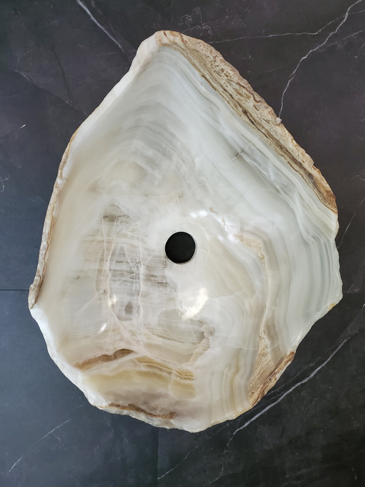 White Onyx Vessel Sink – Natural Stone Countertop Sink, Polished Vanity Basin, Luxury Spa Bathroom Decor 16x13 Inch S40_14