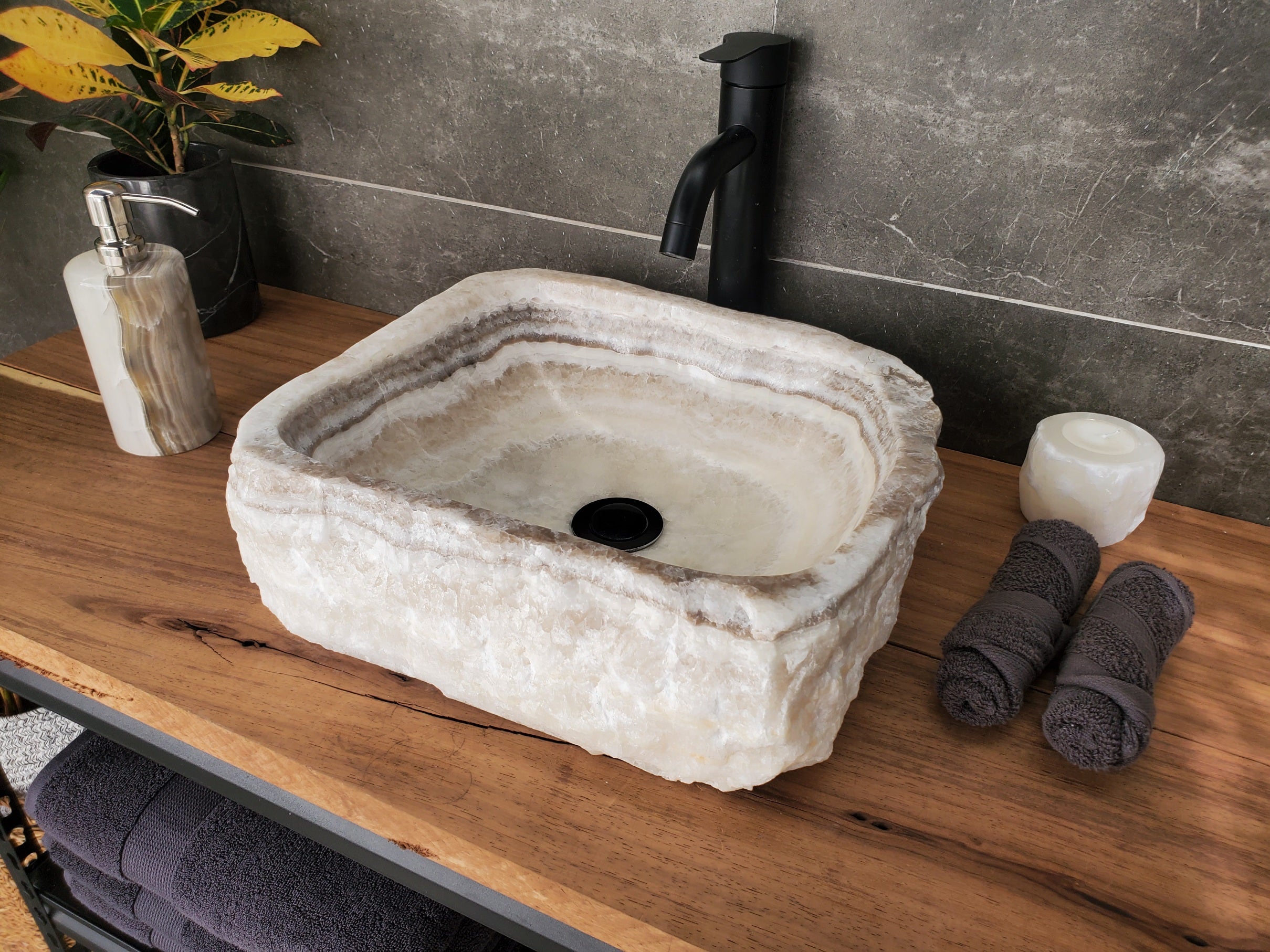 S33_16 Onyx Stone Vessel Bathroom Sink - 15 x 12 inch