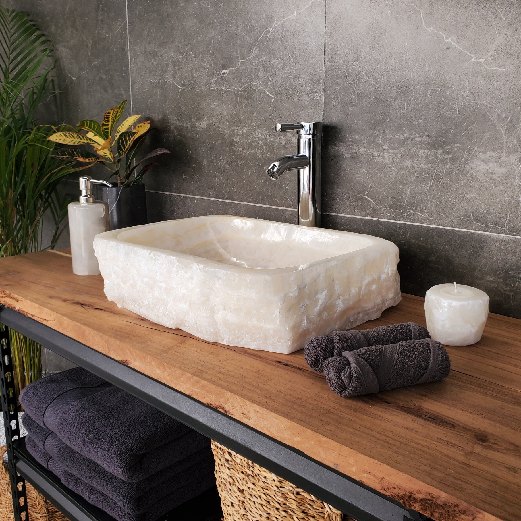 S34_09 Onyx Stone Vessel Bathroom Sink - 17 x 12.8 inch