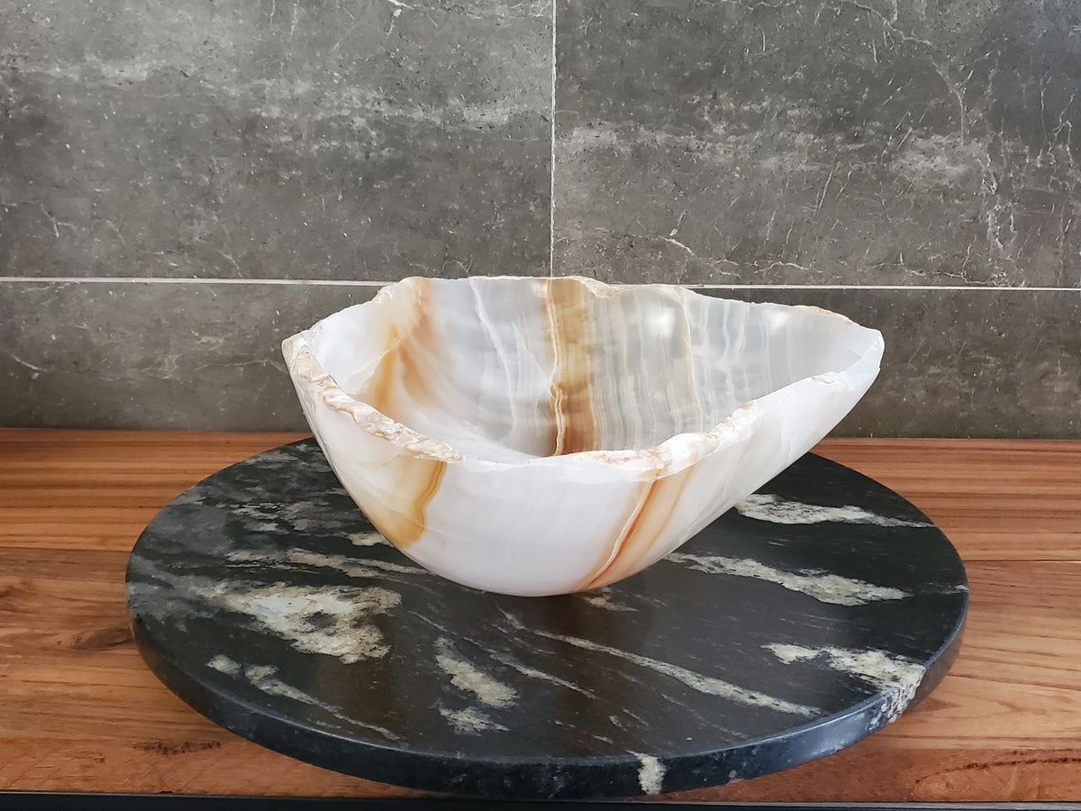 White Onyx Vessel Sink – Natural Stone Countertop Sink, Polished Vanity Basin, Luxury Spa Bathroom Decor 19x14.5 Inch S40_18
