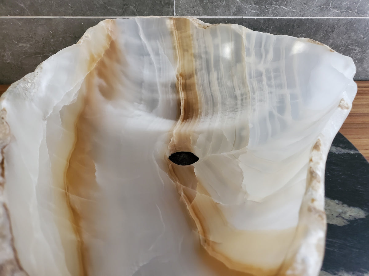 White Onyx Vessel Sink – Natural Stone Countertop Sink, Polished Vanity Basin, Luxury Spa Bathroom Decor 19x14.5 Inch S40_18