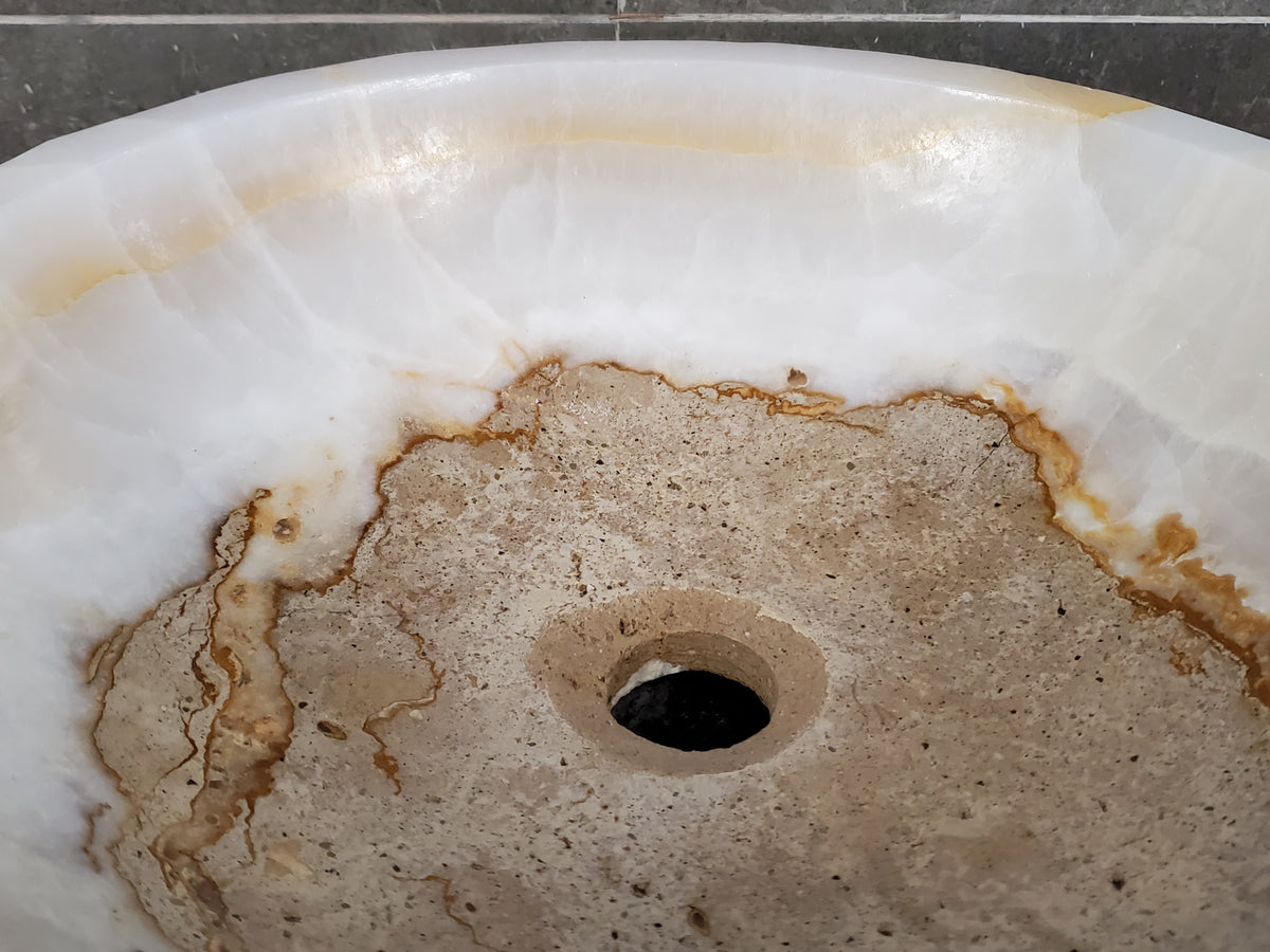White Onyx Marble Vessel Sink – Round Natural Stone Countertop Sink, Polished Vanity Basin, Luxury Spa Bathroom Decor 16 Inch S40_06 Bathroom Sinks Featured Onyx Sinks Sinks