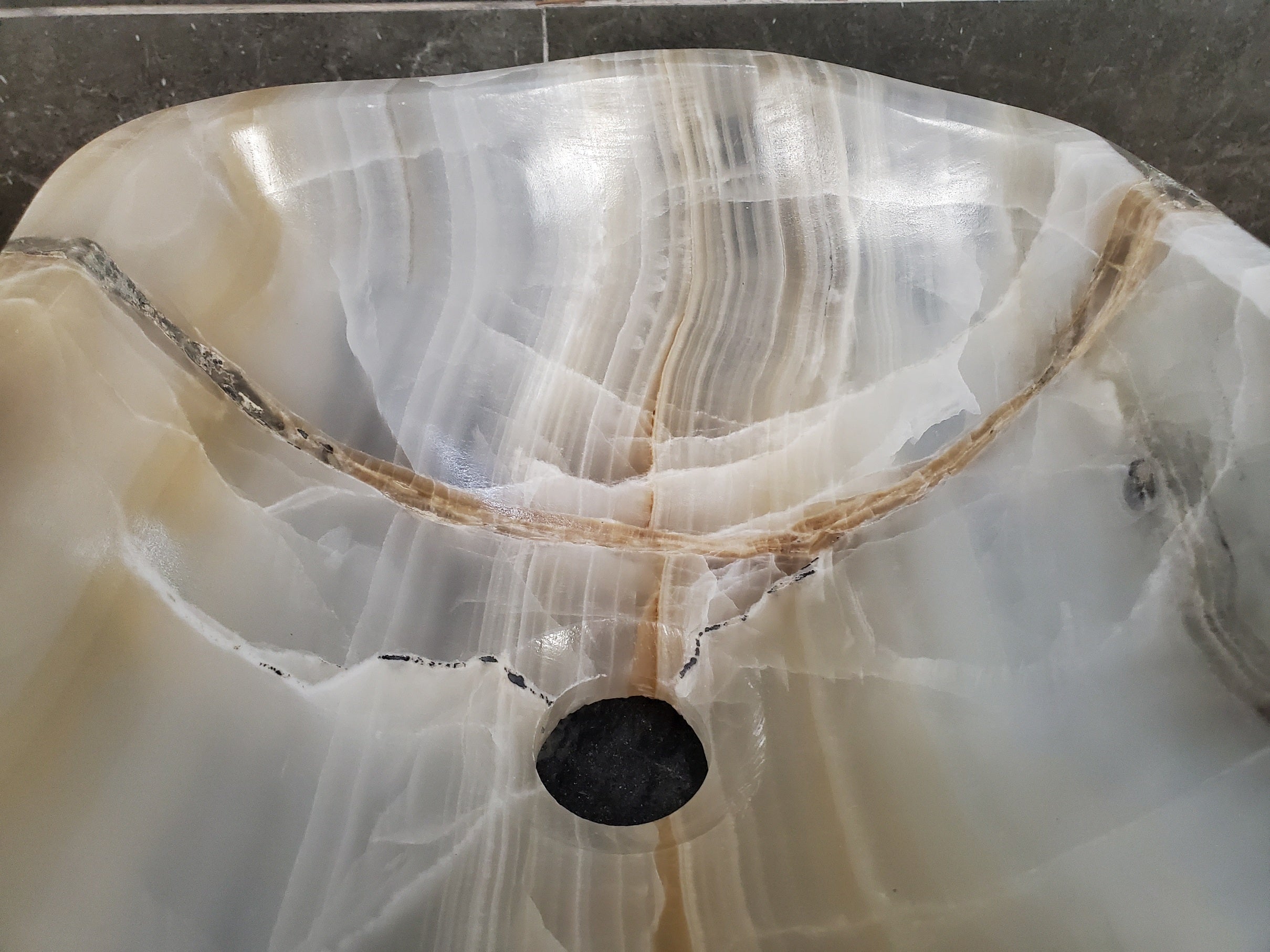 Cream White Onyx Vessel Sink, 14x13 Inch Natural Stone Countertop Basin, Polished Luxury Vanity Sink, Spa Bathroom Decor S40_23