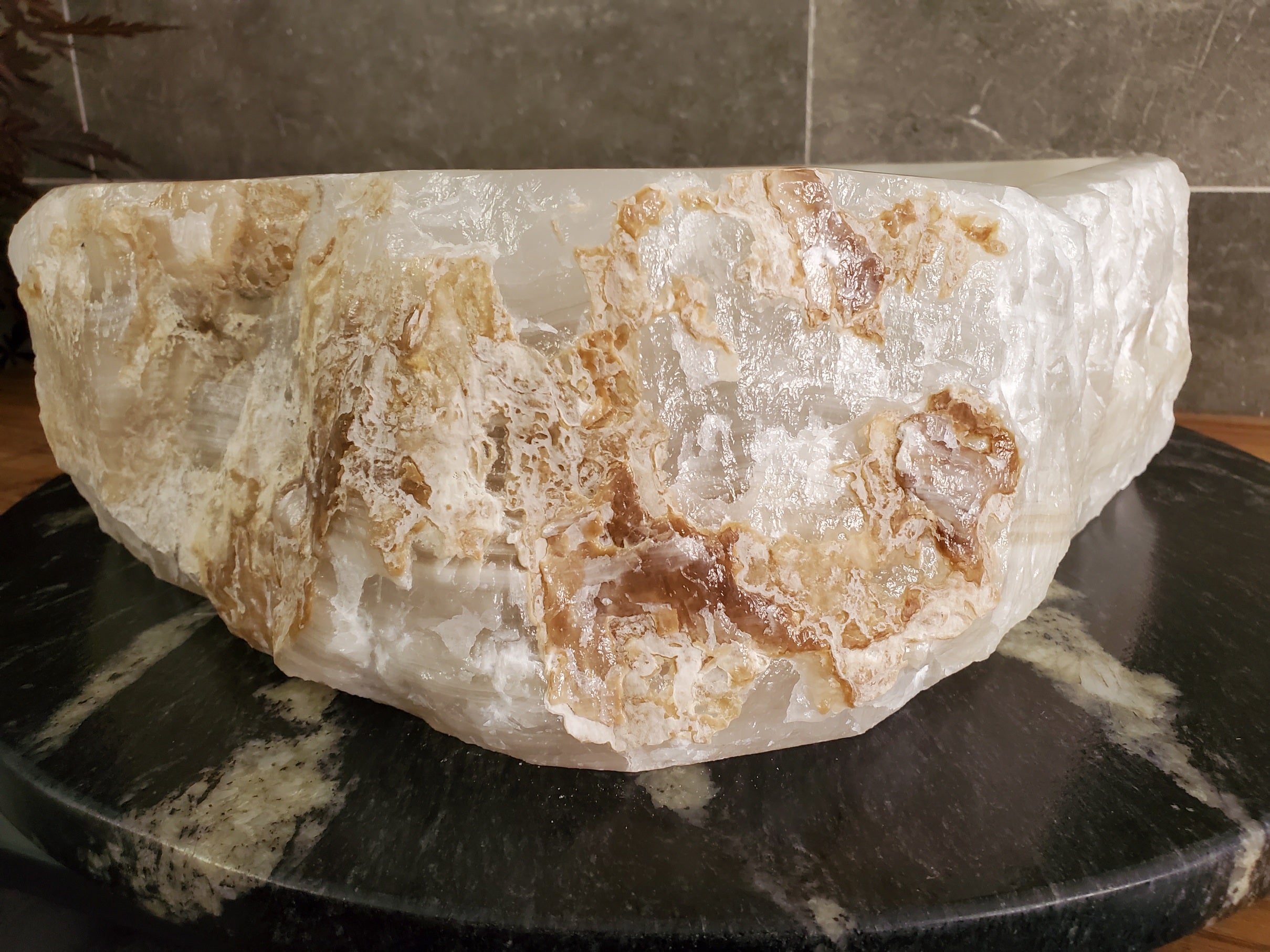 White Cream Onyx Marble Vessel Sink, Natural Stone Vanity Basin, Polished Bathroom Countertop Sink, Spa Decor 15.5x13 Inch S40_04 Bathroom Sinks Featured Onyx Sinks Sinks