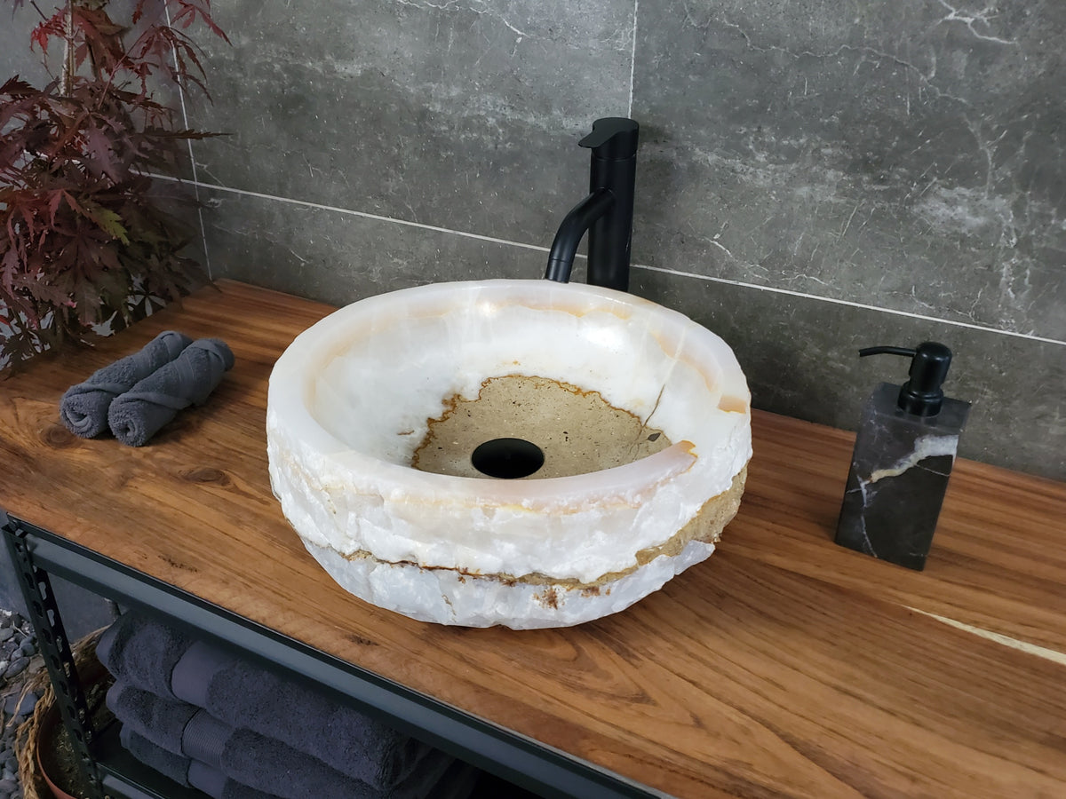 White Onyx Marble Vessel Sink, Natural Stone Vanity Basin, Polished Bathroom Countertop Sink, Spa Decor 16x16 Inch S40_07 Bathroom Sinks Featured Onyx Sinks Sinks