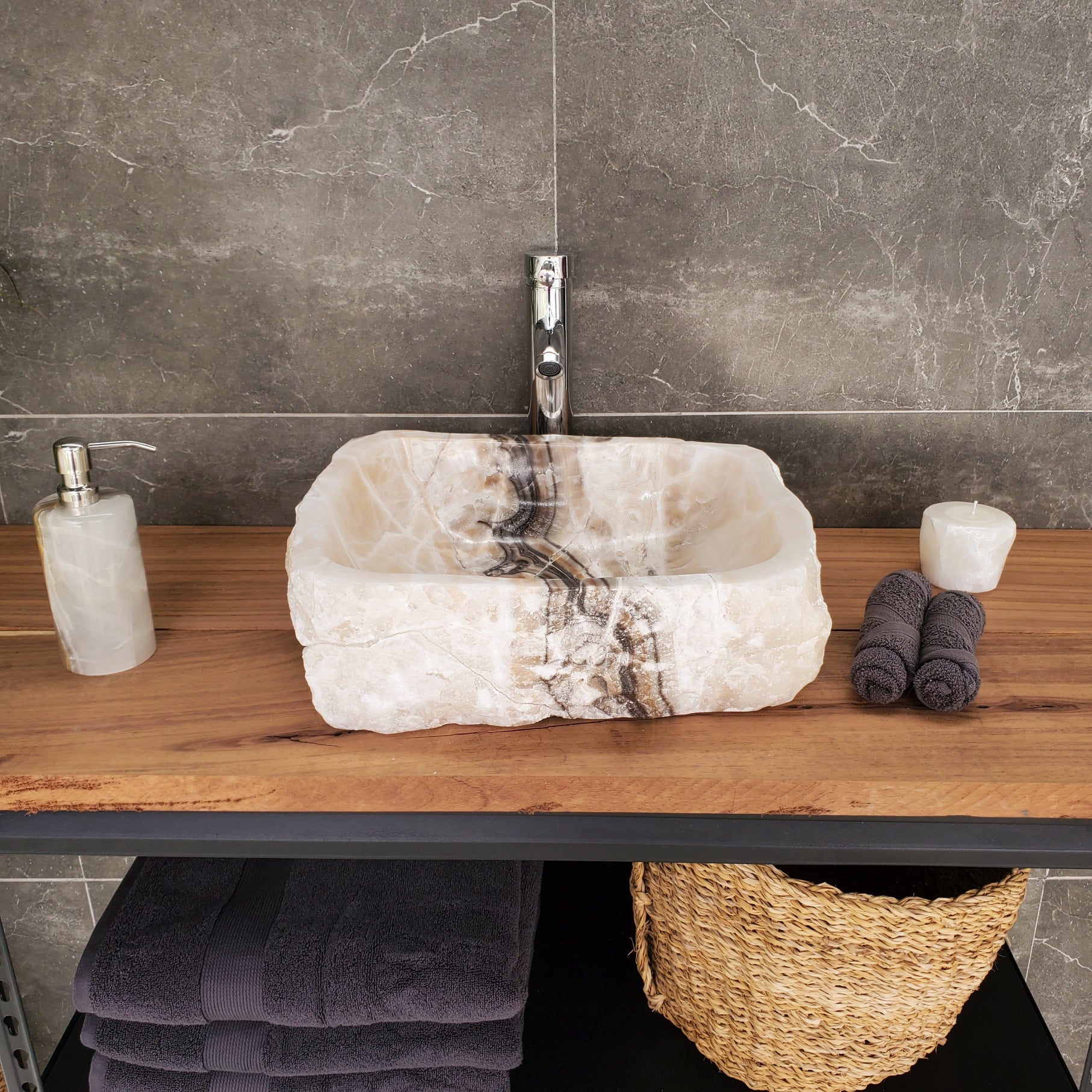 S33_08 Onyx Stone Vessel Bathroom Sink - 17 x 13.5 inch