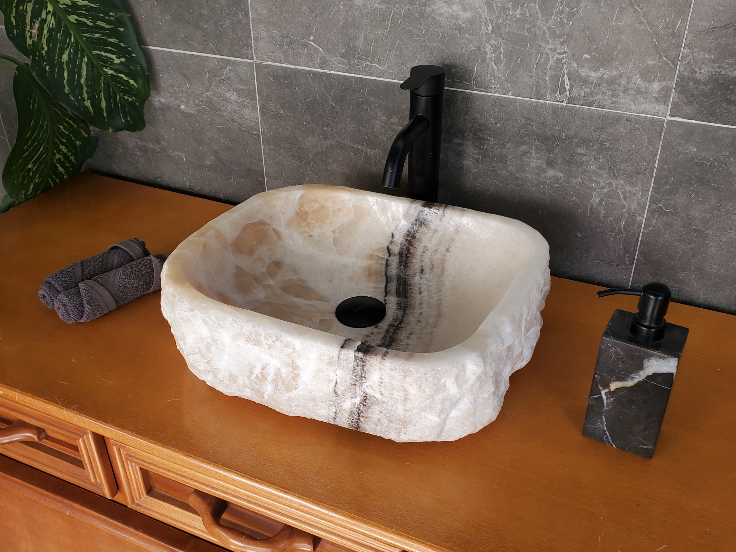 S37_17 Cream Onyx Vessel Sink – Rectangular Natural Stone Countertop Bathroom Sink 16.5 x 13.5 Inch Bathroom Sinks Featured Onyx Sinks Sinks