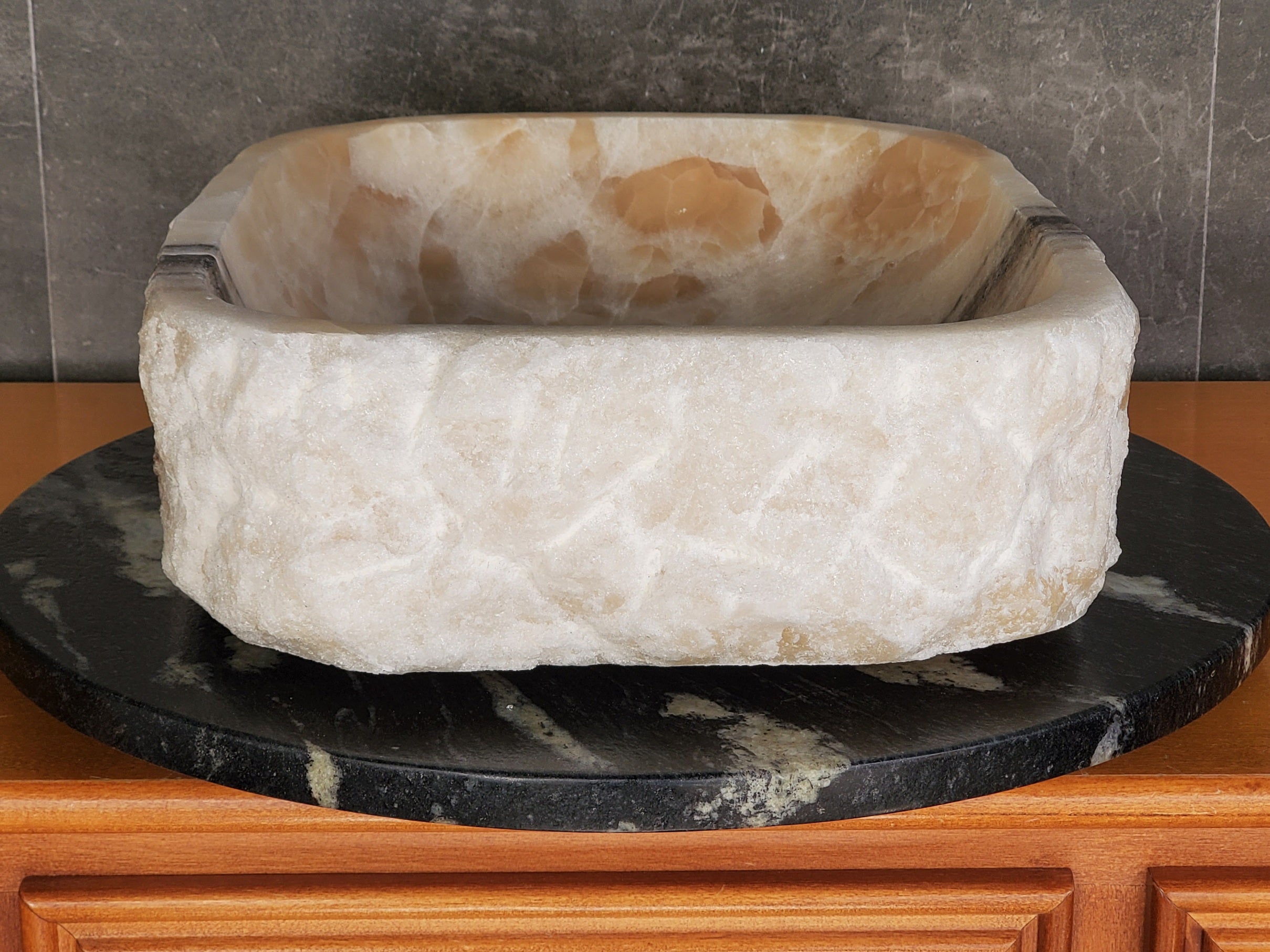 S37_17 Cream Onyx Vessel Sink – Rectangular Natural Stone Countertop Bathroom Sink 16.5 x 13.5 Inch Bathroom Sinks Featured Onyx Sinks Sinks