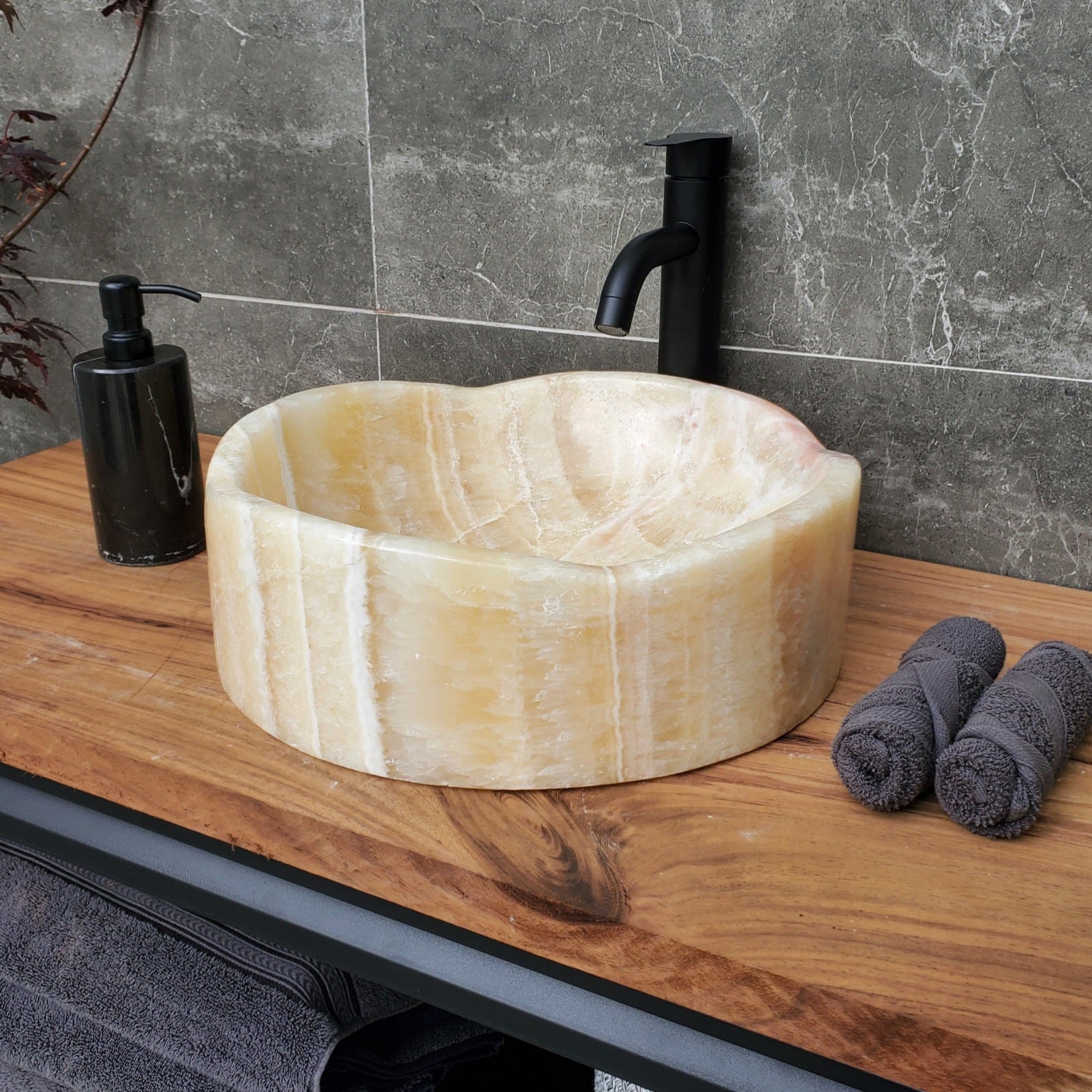 S29_12 Onyx Stone Vessel Bathroom Sink - Round