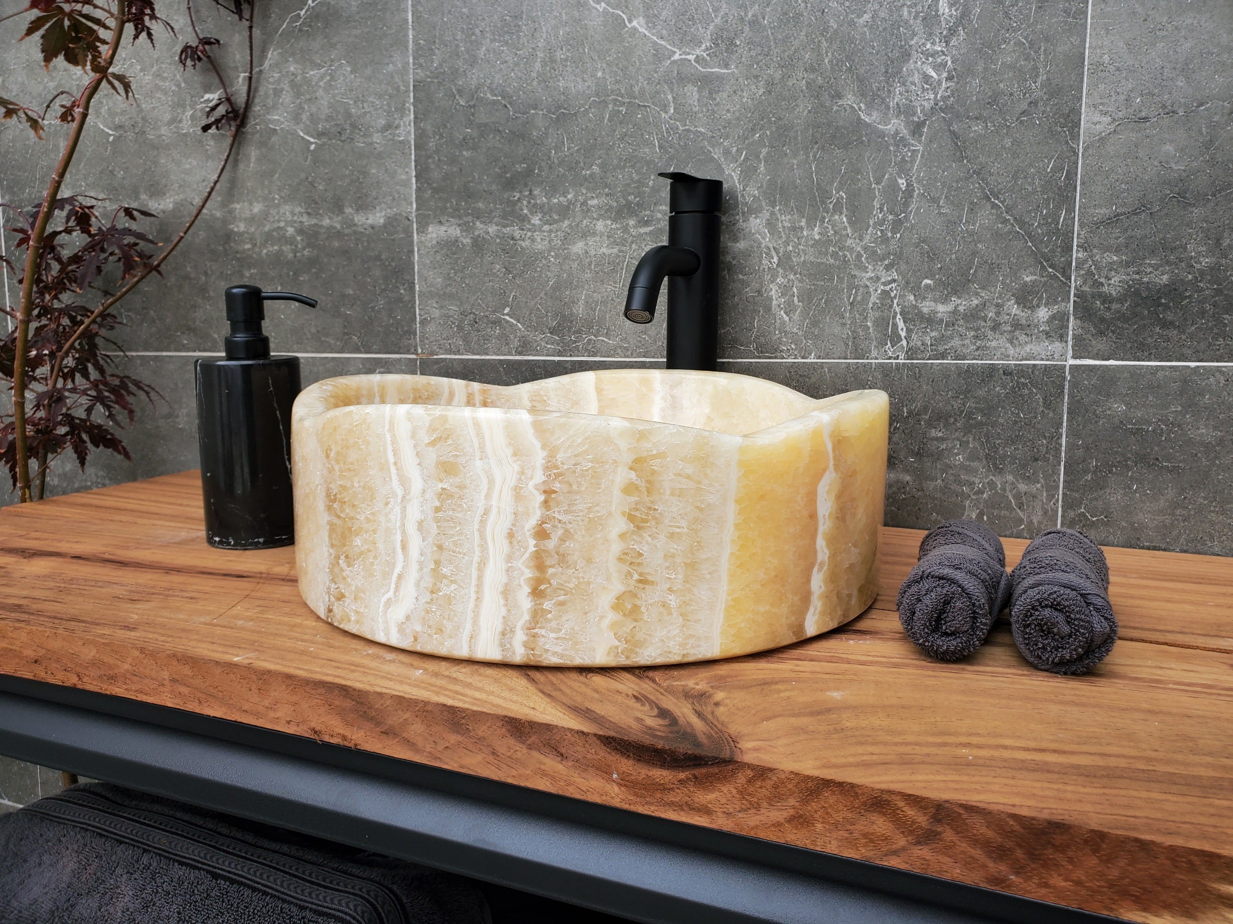 S29_11 Onyx Stone Vessel Bathroom Sink - 15 inch