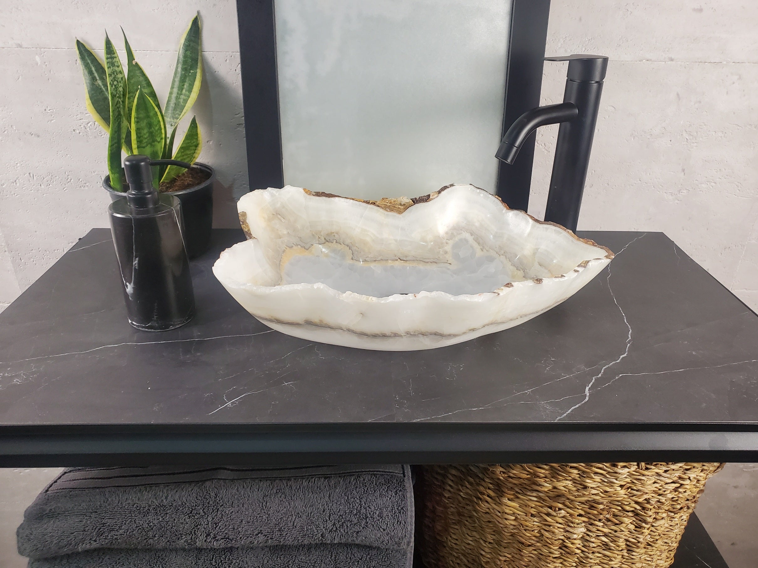 S27_03 White Onyx Stone Bathroom Vessel Sink - 18 x 10.5 inch