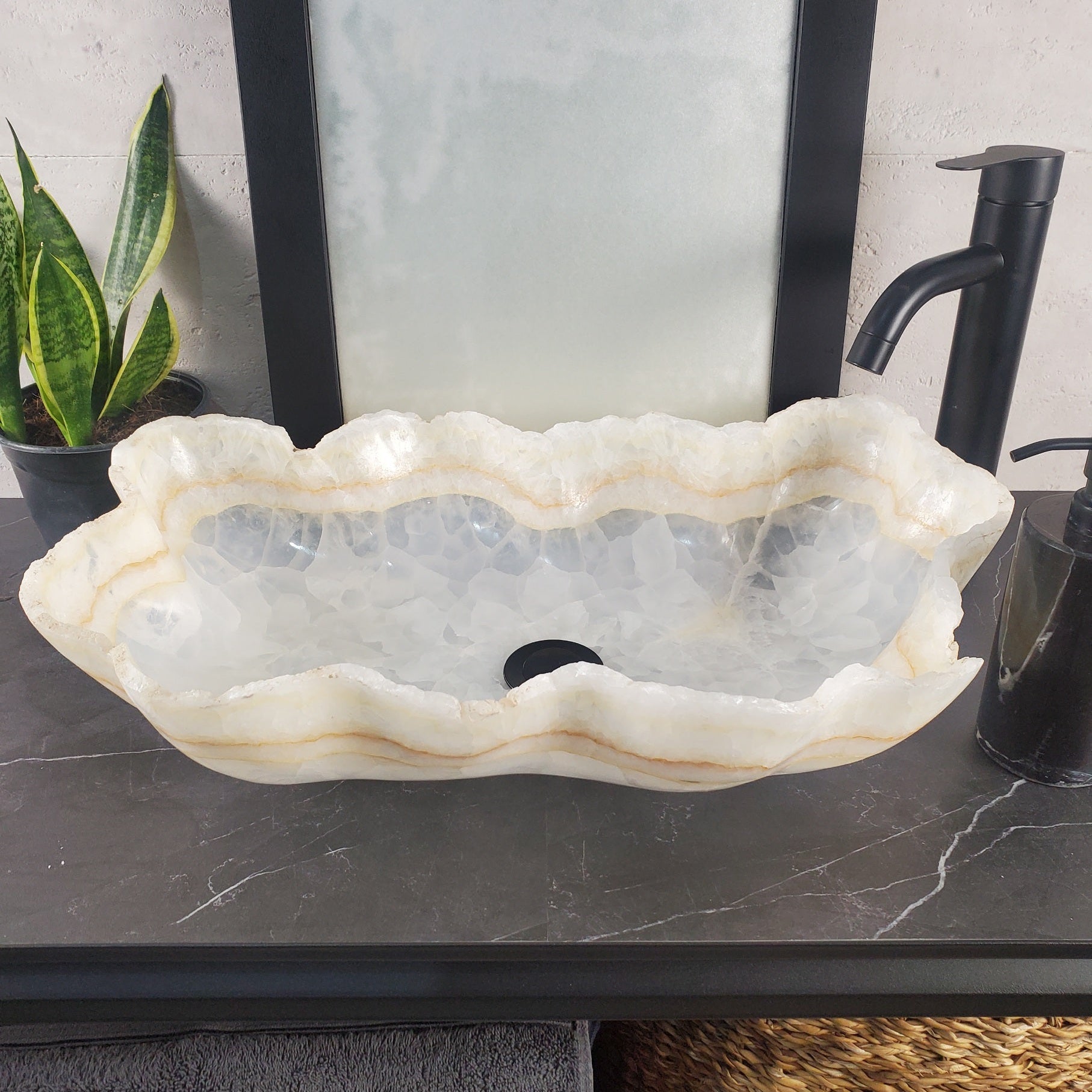 S27_02 White Onyx Stone Bathroom Vessel Sink - 20 x 12.5 inch