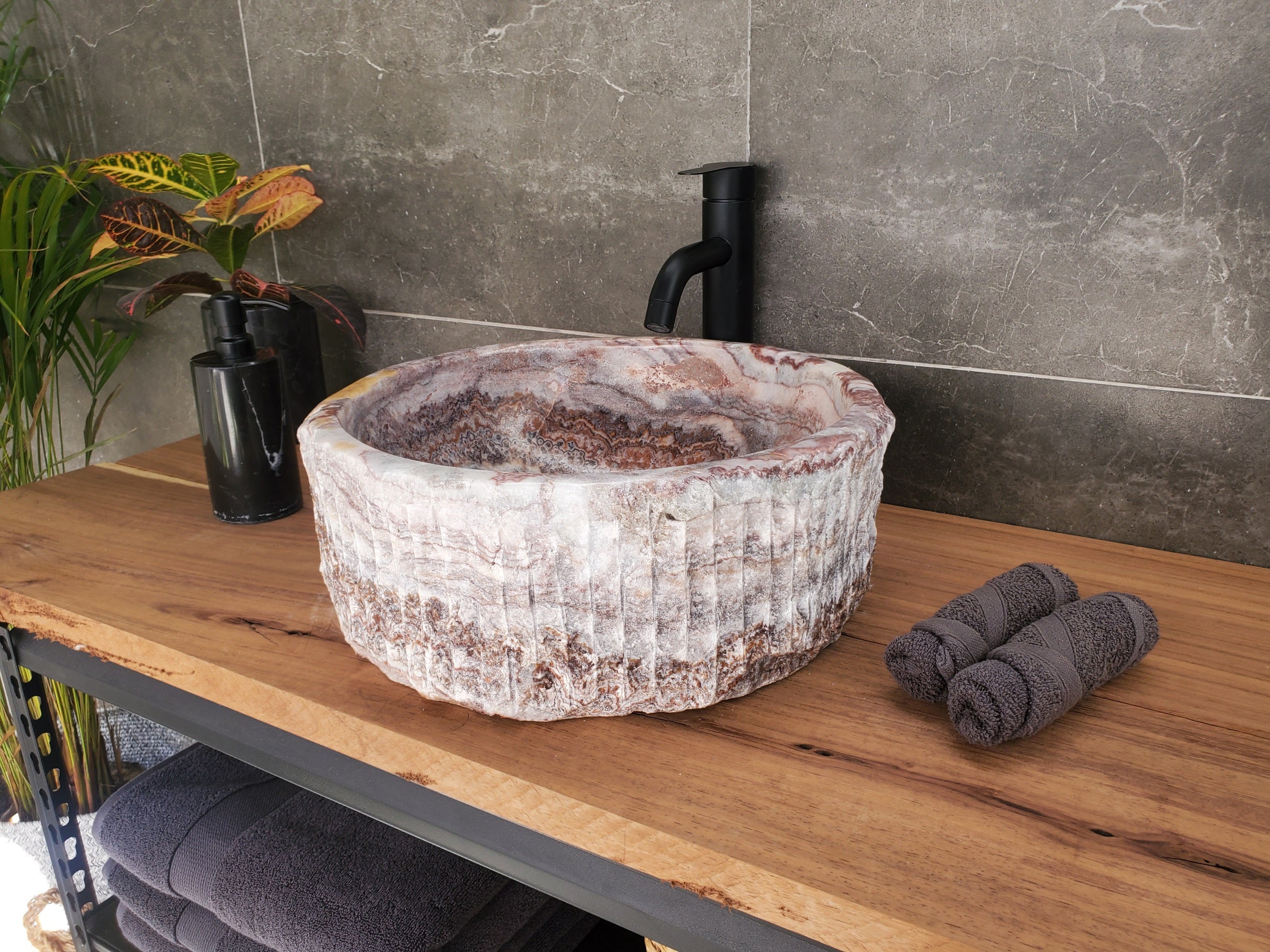 S34_04 Serpentine Onyx Stone Vessel Sink - 15 x 15 inch