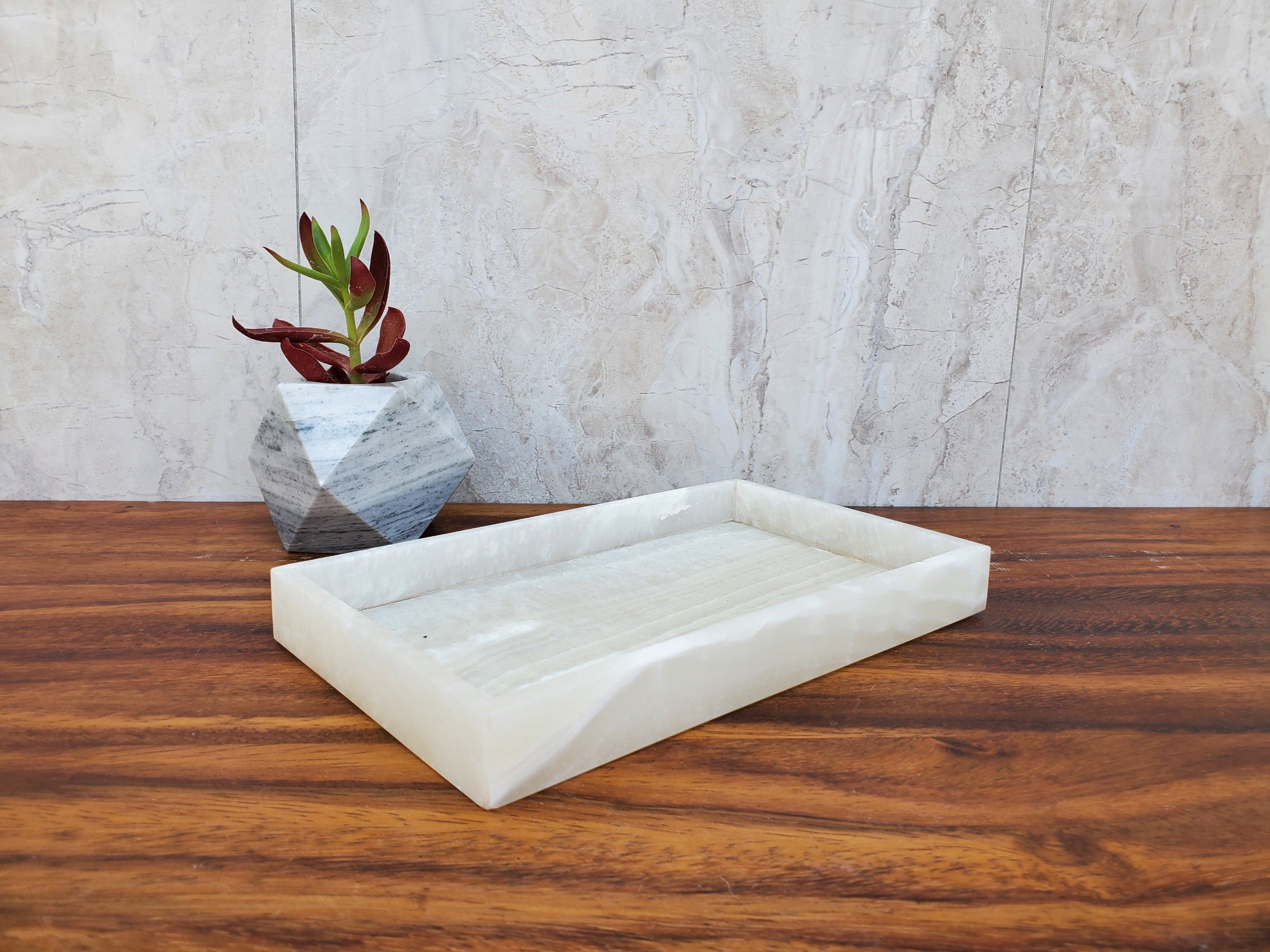 White and Transparent Onyx Stone Tray, Jewlery Organizer Accessories Bath Home
