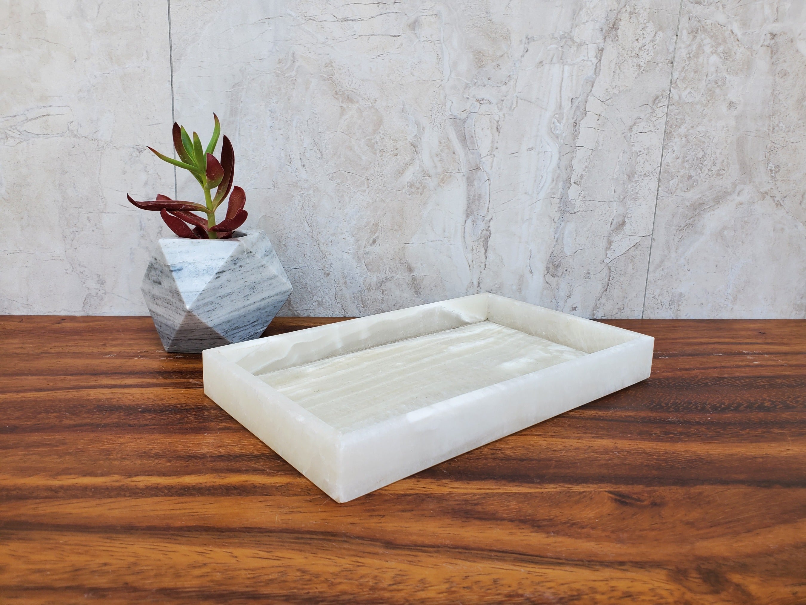 White and Transparent Onyx Stone Tray, Jewlery Organizer Accessories Bath Home