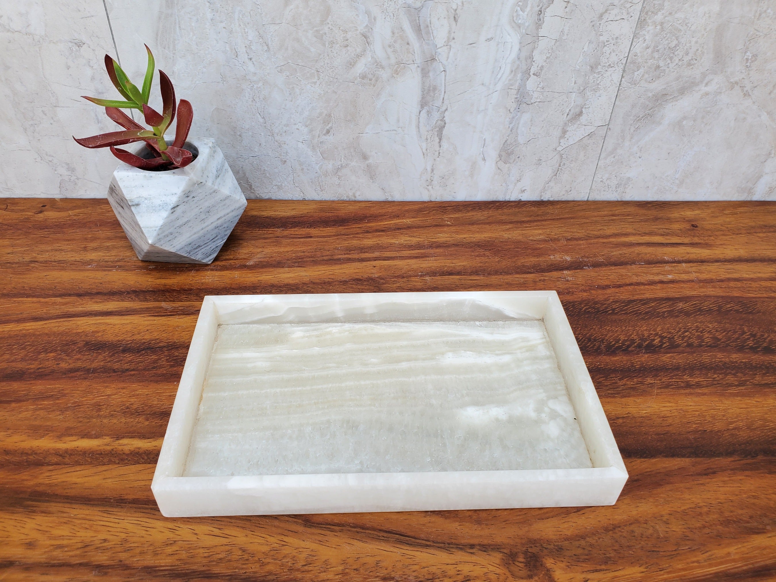 White and Transparent Onyx Stone Tray, Jewlery Organizer Accessories Bath Home