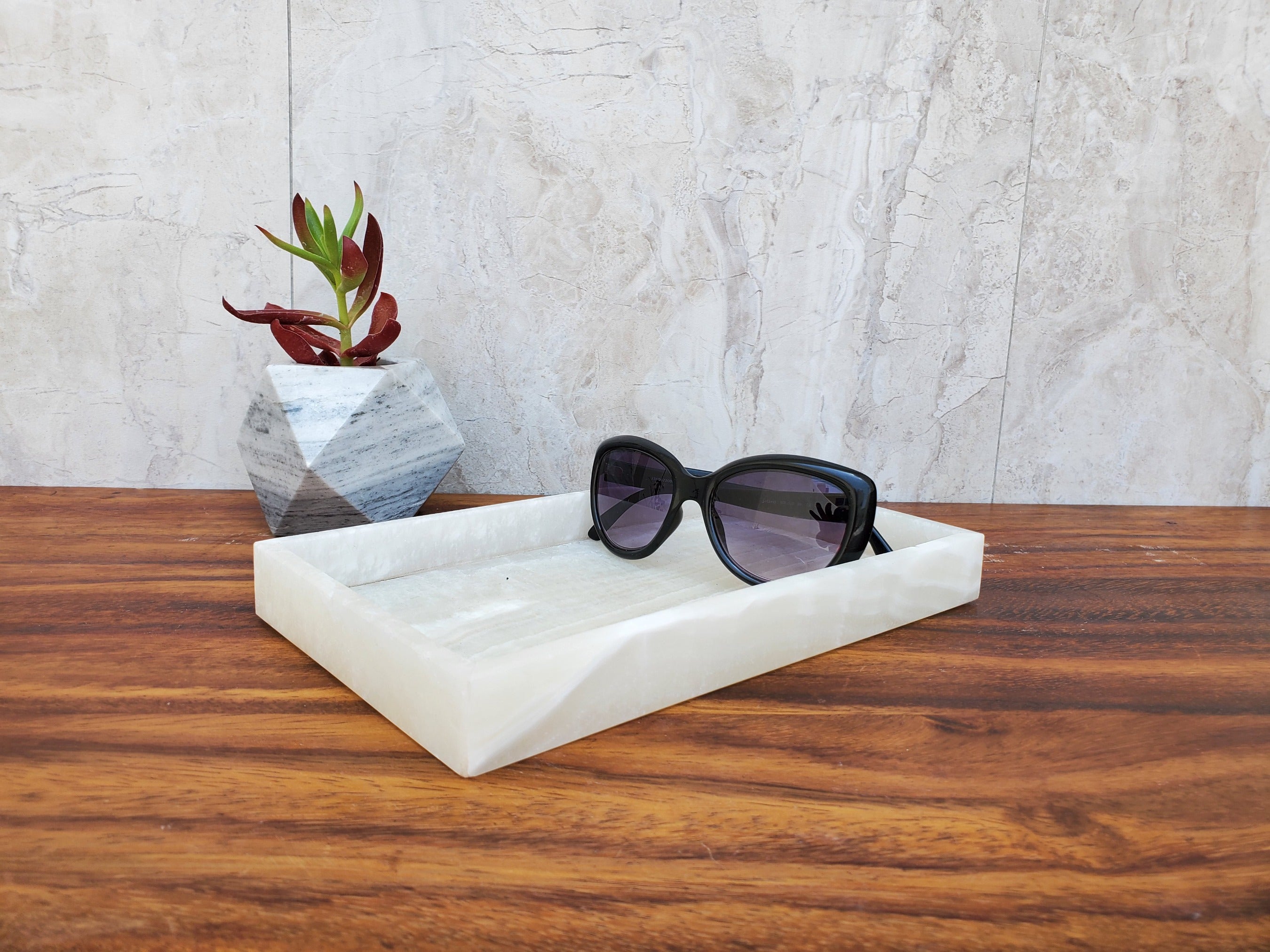 White and Transparent Onyx Stone Tray, Jewlery Organizer Accessories Bath Home