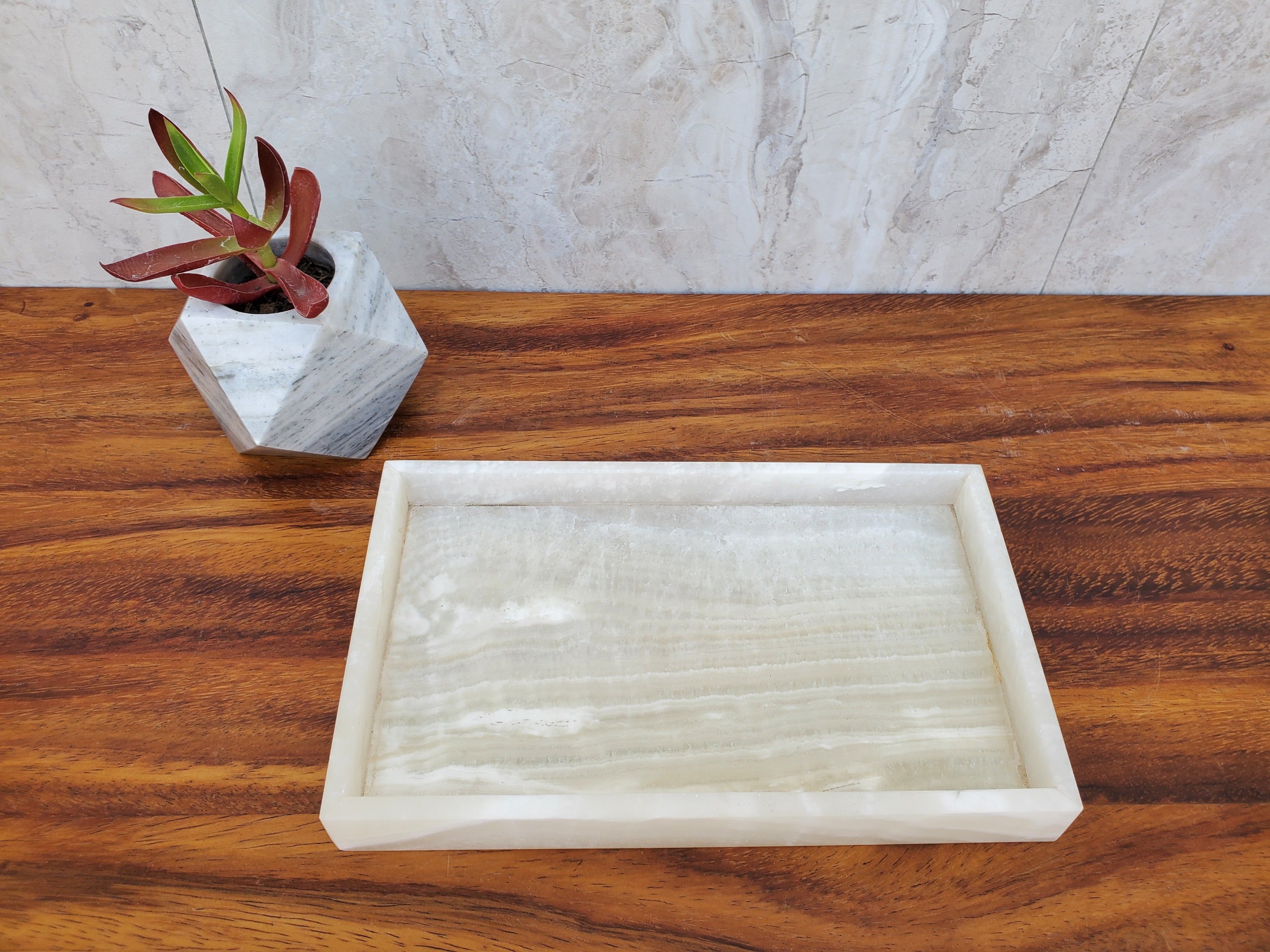 White and Transparent Onyx Stone Tray, Jewlery Organizer Accessories Bath Home