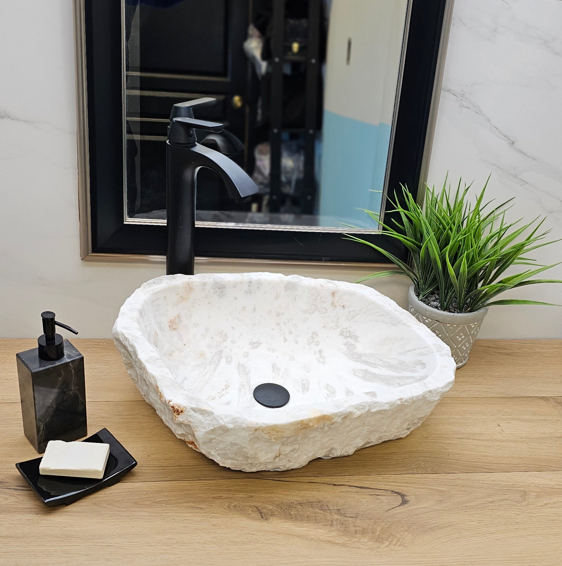 White and Gray Onyx Vessel Bathroom Sink. A beautiful work of art. We offer fast shipping. Handmade in Mexico. We hand finish, package, and ship from the USA. Buy now at www.felipeandgrace.com. 