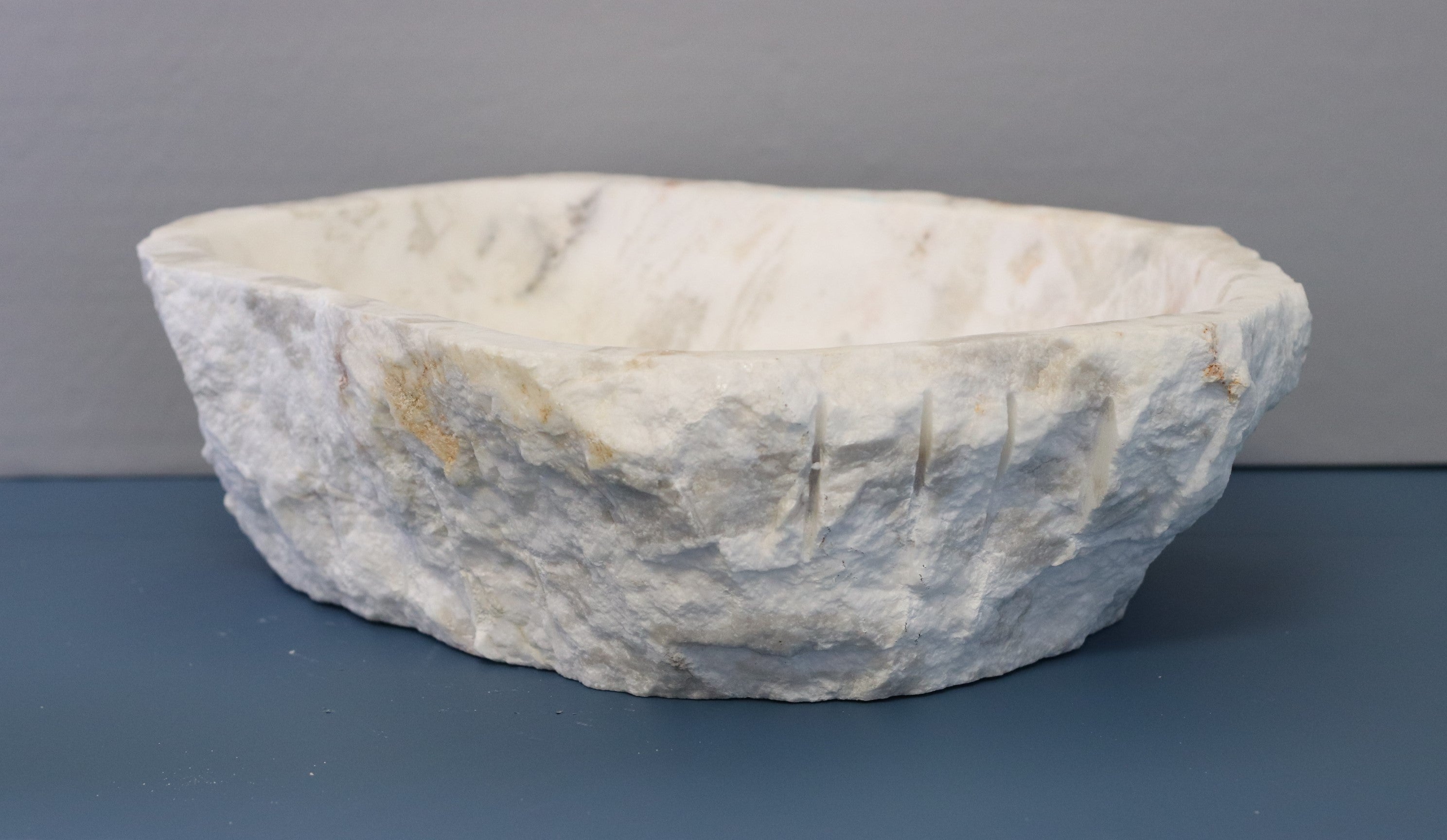 White Grey Onyx Stone  Bathroom Vessel Sink. Epoxy Sealant is available with fast shipping. Standard drain size. A beautiful work of rustic art. Handmade. Buy Now at www.felipeandgrace.com.
