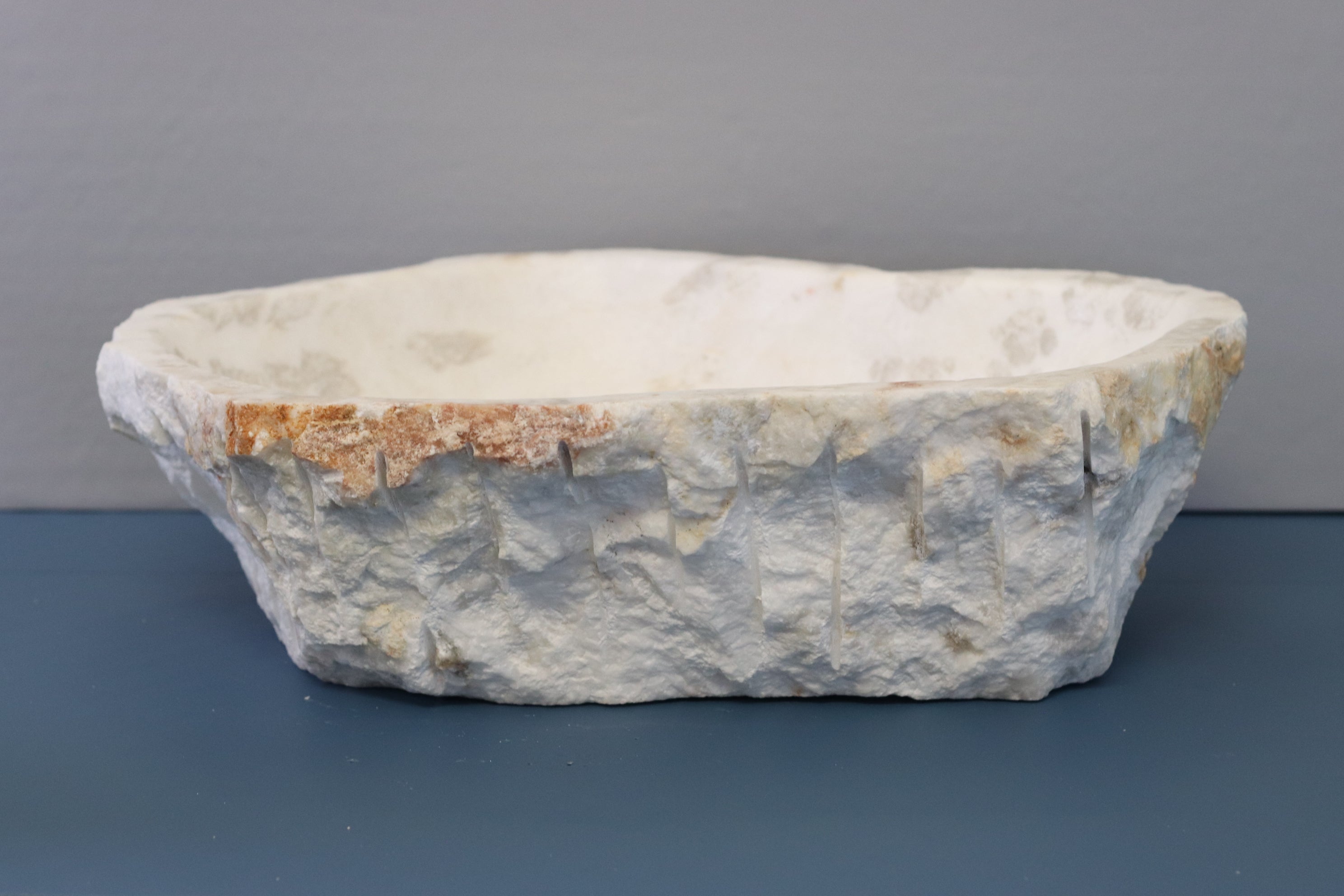 White Grey Onyx Stone  Bathroom Vessel Sink. Epoxy Sealant is available with fast shipping. Standard drain size. A beautiful work of rustic art. Handmade. Buy Now at www.felipeandgrace.com.