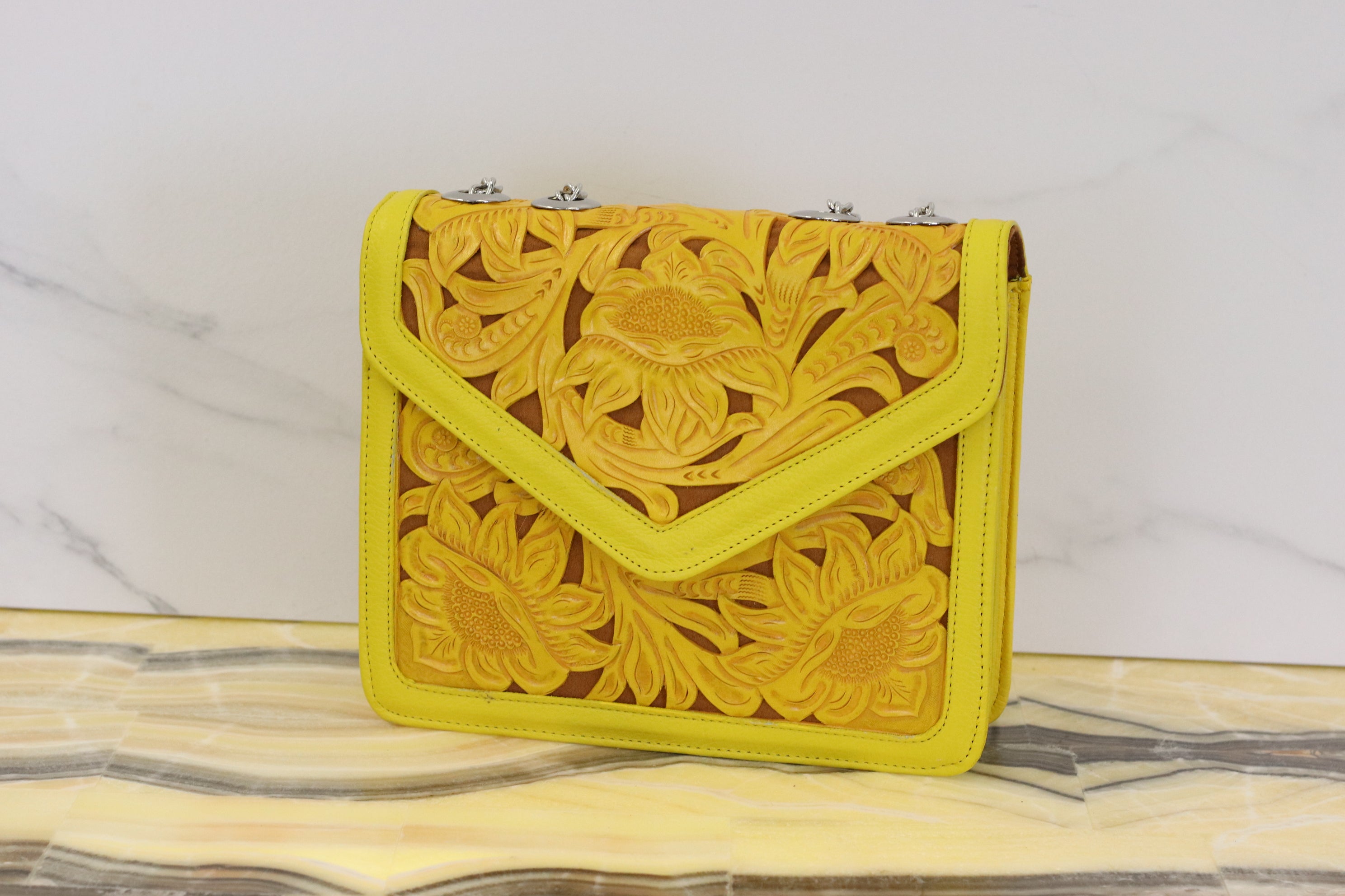 Yellow Hand Tooled Mexican Leather Purse with Floral Design