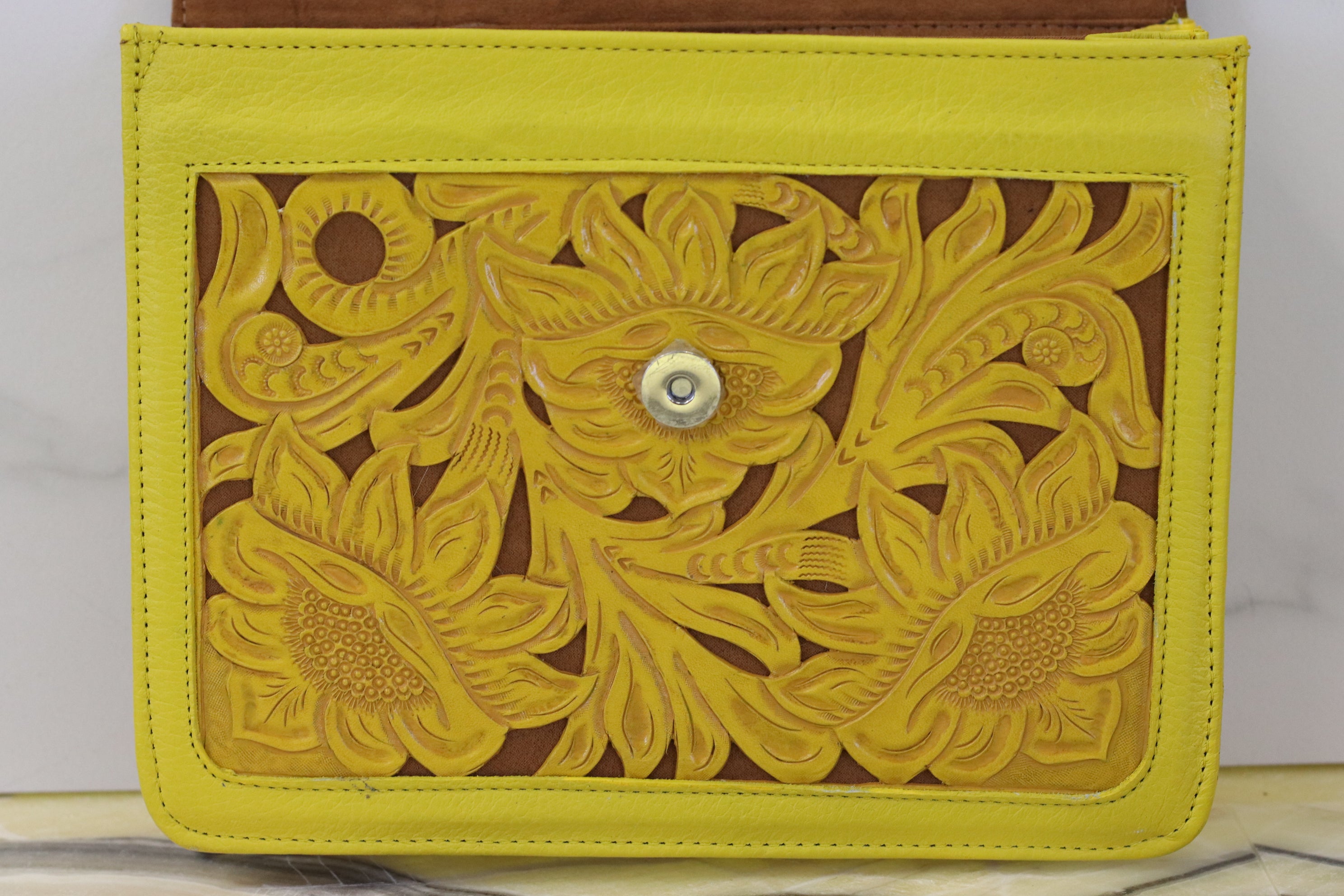Yellow Hand Tooled Mexican Leather Purse with Floral Design