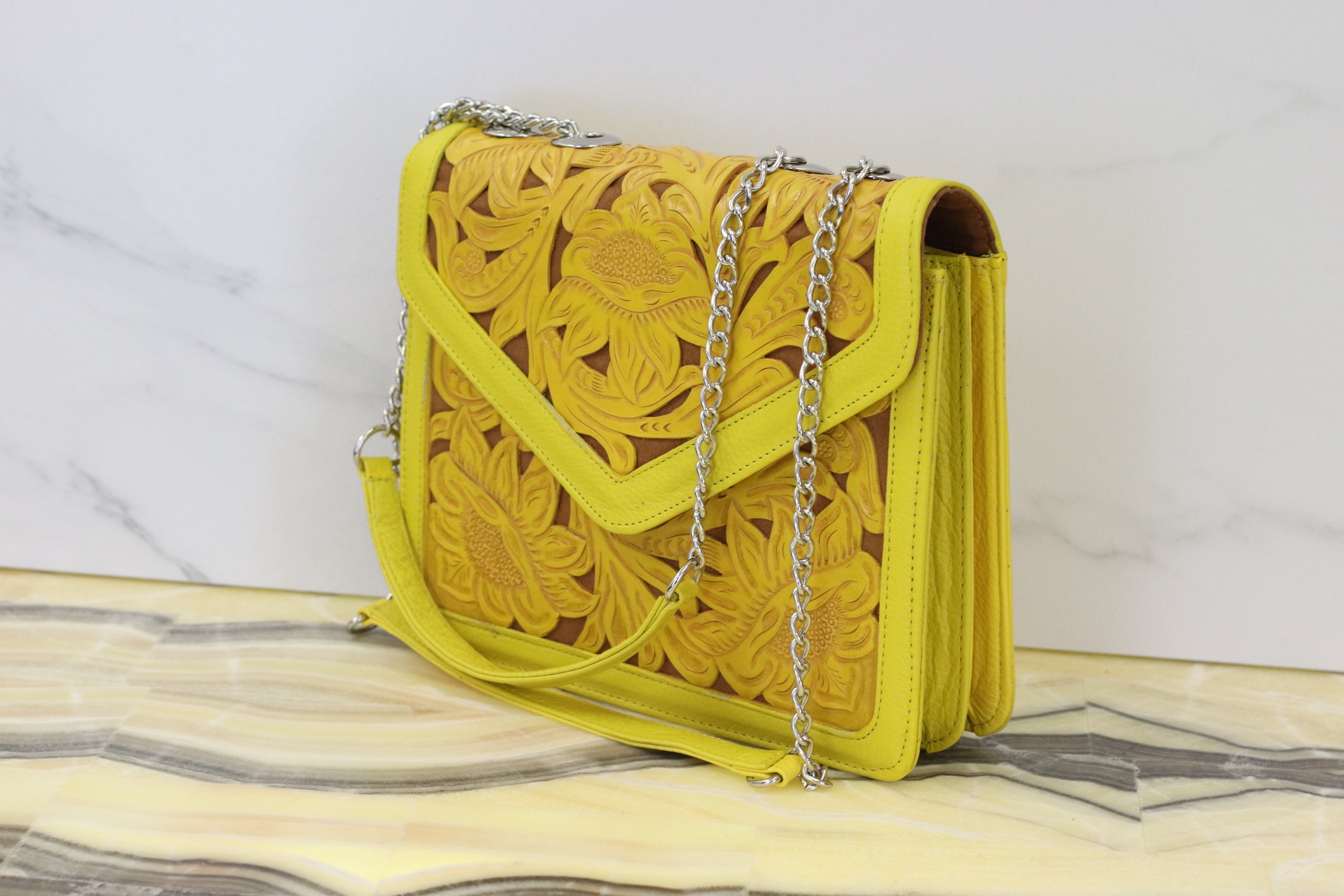 Yellow Hand Tooled Mexican Leather Purse with Floral Design