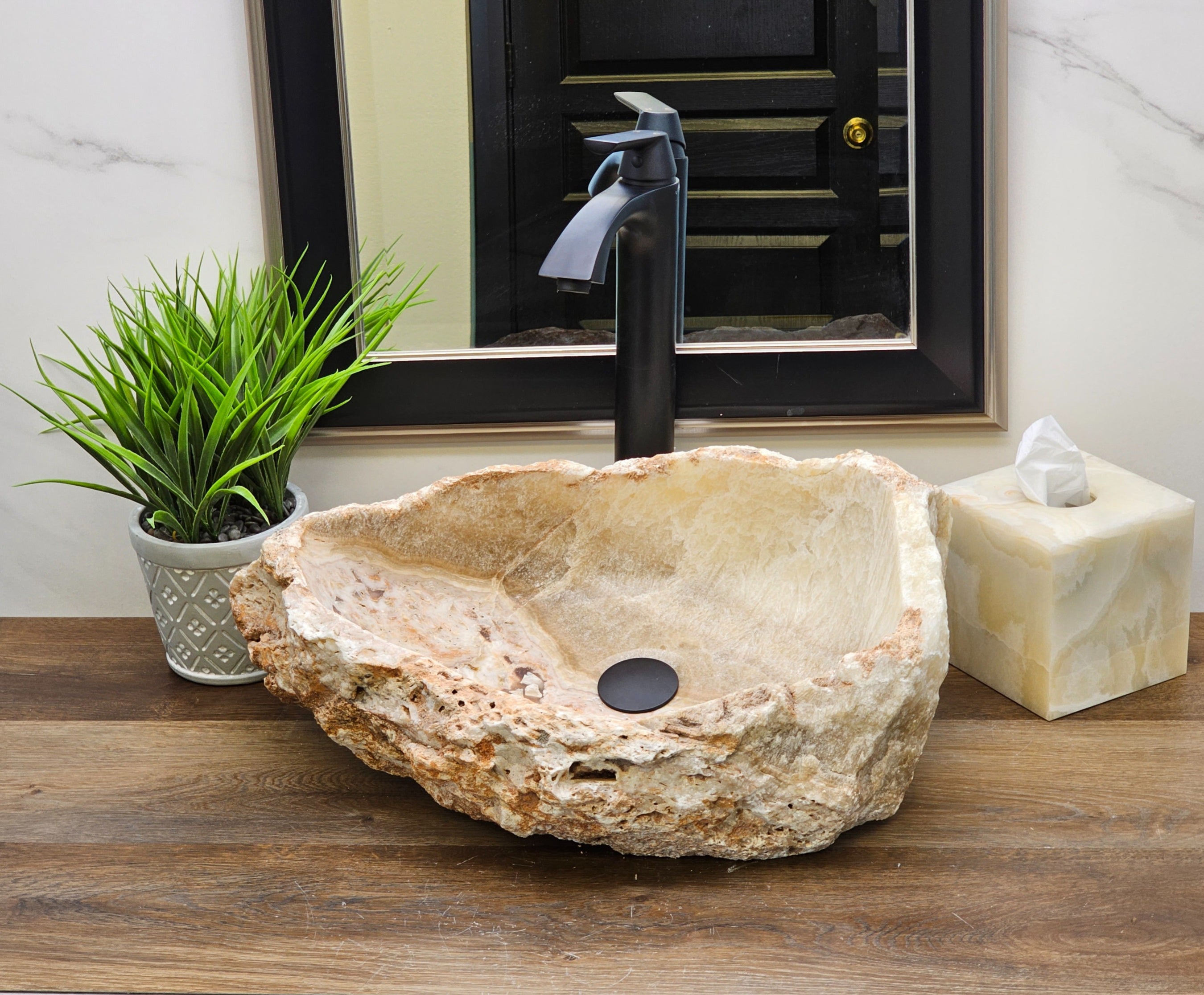 Beige and Brown Rustic Onyx Vessel Sink. A beautiful work of art. We offer fast shipping. Handmade in Mexico. We hand finish, package, and ship from the USA. Buy now at www.felipeandgrace.com. 