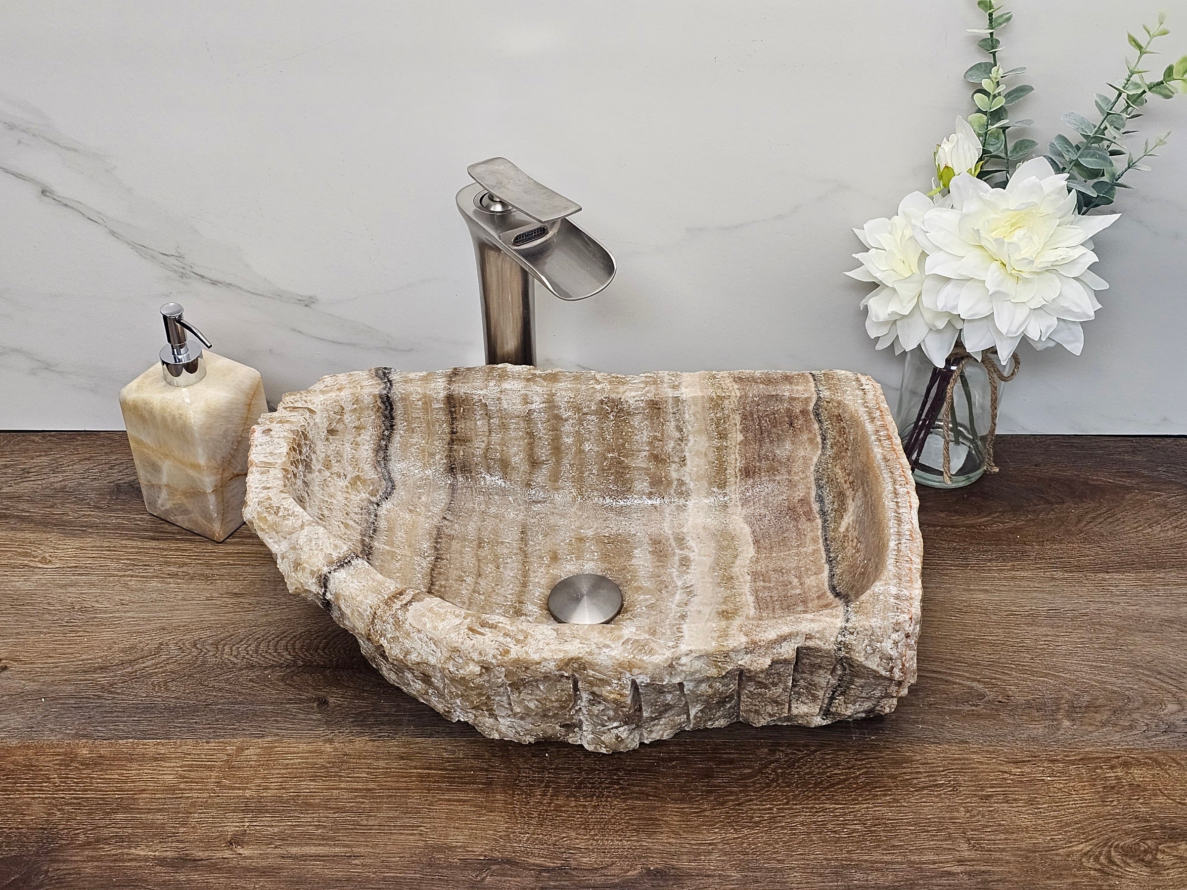 Multi Striped Brown Onyx Vessel Sink. Handmade in Mexico. We hand finish, package, and ship from the USA. Buy now at www.felipeandgrace.com.