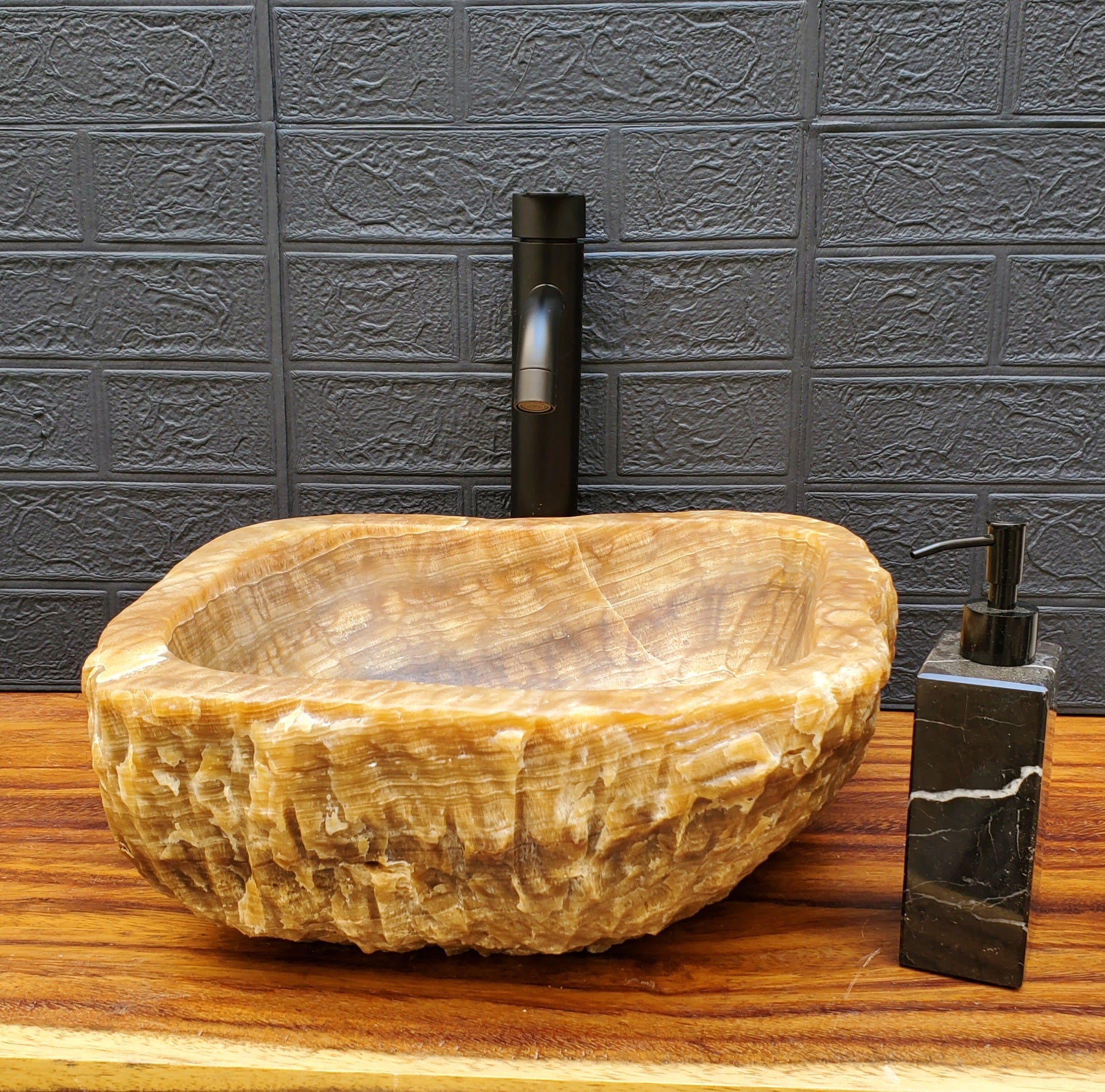 Brown Onyx Stone Bathroom Vessel Sink, Above Counter Sink, Handmade in Mexico. Hand Finished in USA. Buy now at www.felipeandgrace.com. 