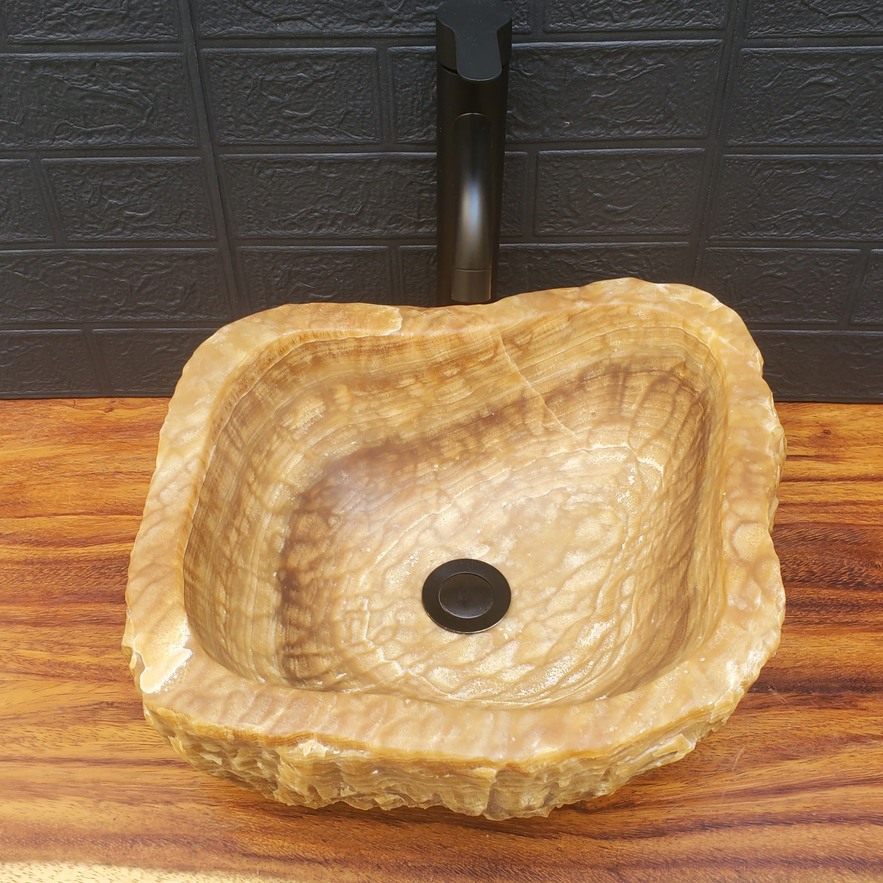 Brown Onyx Stone Bathroom Vessel Sink, Above Counter Sink, Handmade in Mexico. Hand Finished in USA. Buy now at www.felipeandgrace.com. 
