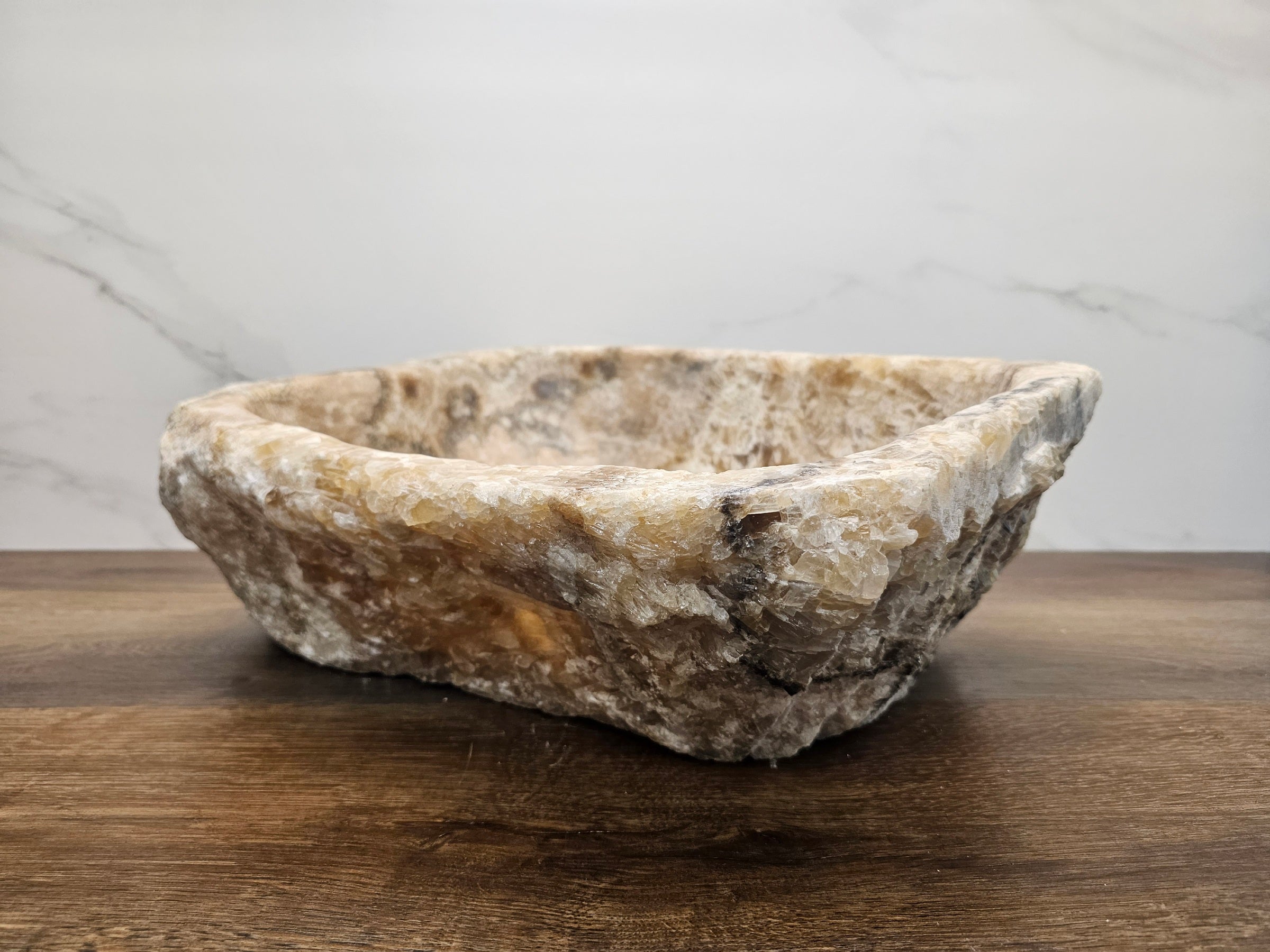 Brown and Tan Onyx Stone  Bathroom Vessel Sink. Epoxy Sealant is available with fast shipping. Standard drain size. A beautiful work of rustic art. Handmade. Buy Now at www.felipeandgrace.com.