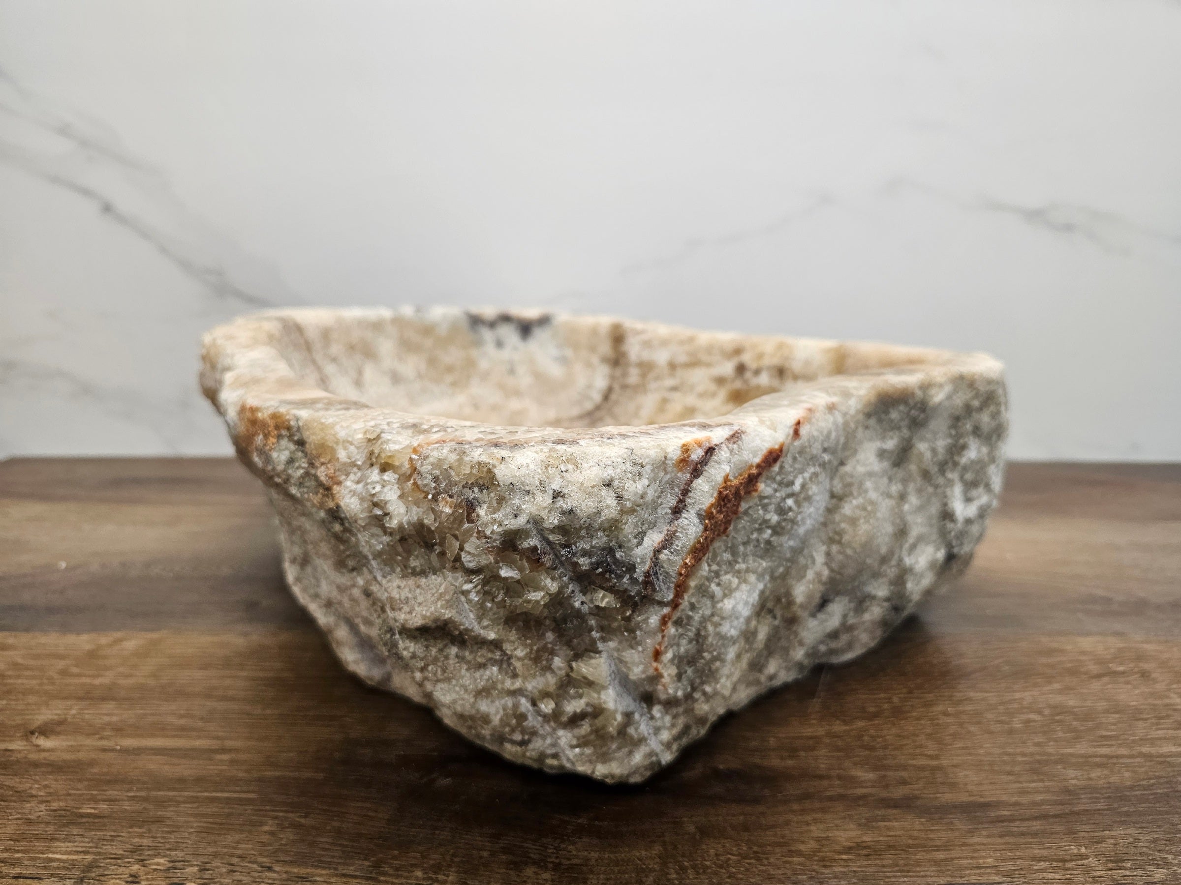 Brown and Tan Onyx Stone  Bathroom Vessel Sink. Epoxy Sealant is available with fast shipping. Standard drain size. A beautiful work of rustic art. Handmade. Buy Now at www.felipeandgrace.com.