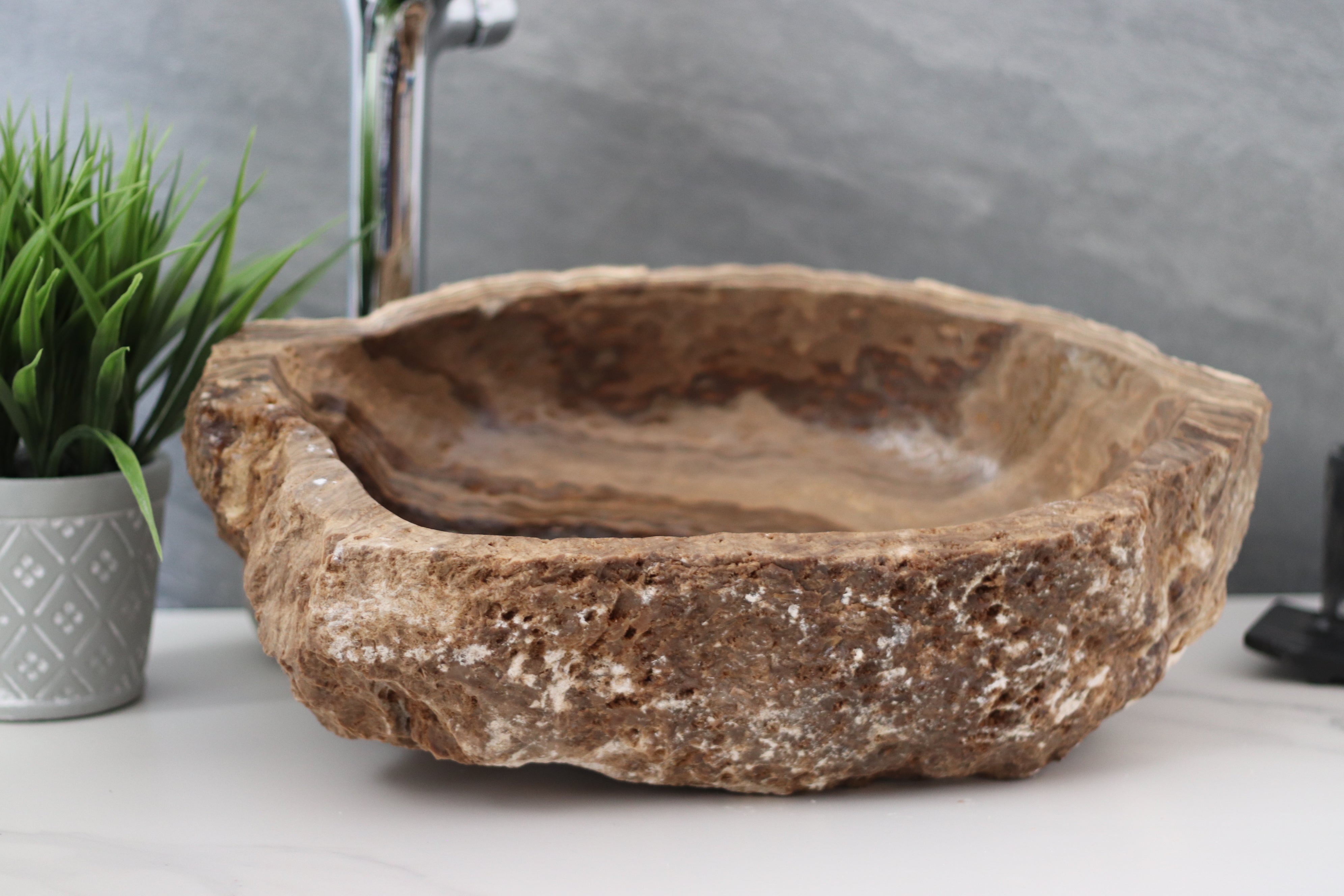 Epoxy Coated Dark Brown and Beige Onyx Vessel Sink. Handmade in Mexico. We hand finish, package, and ship from the USA. Buy now at www.felipeandgrace.com. 