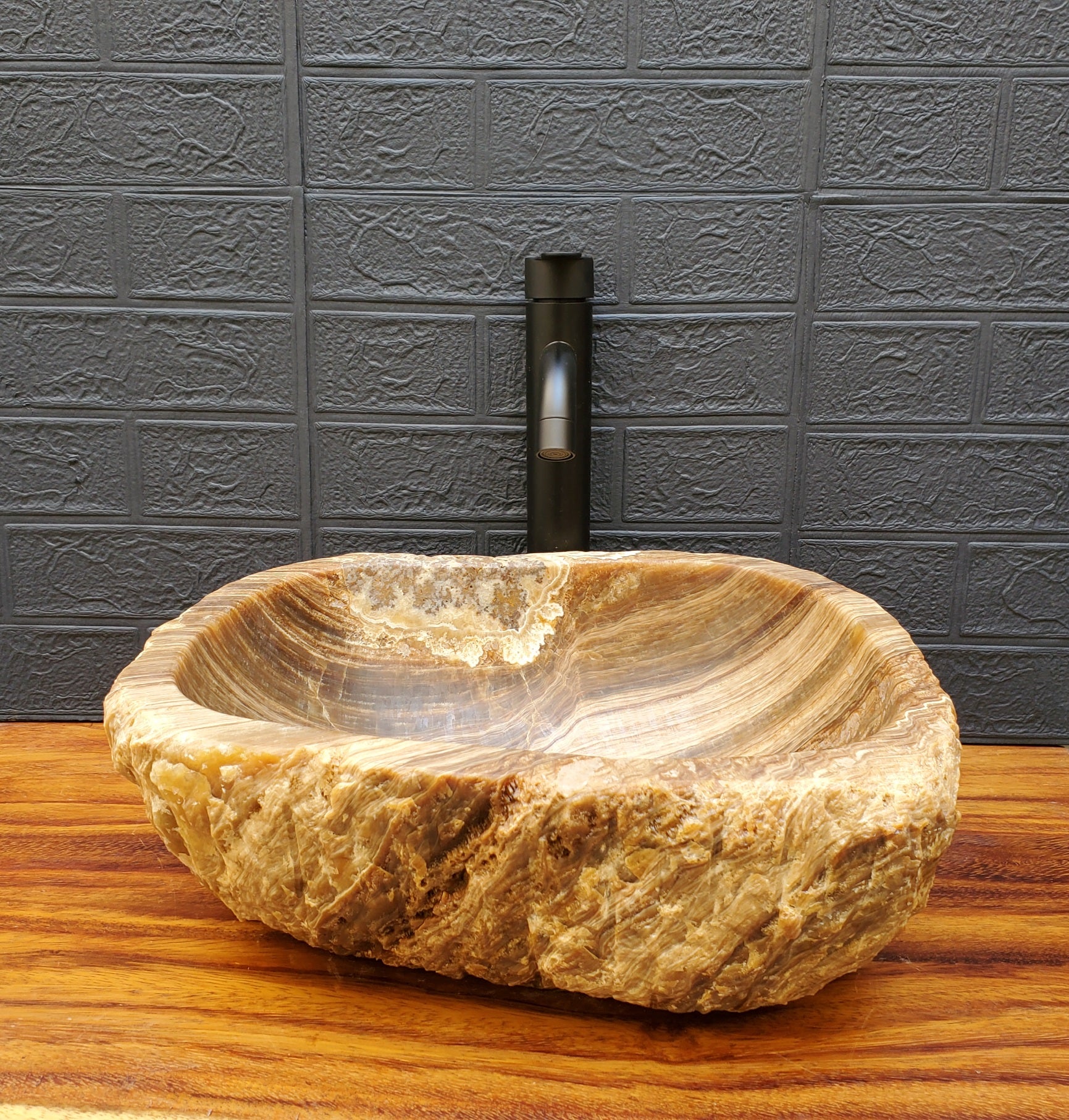 Chocolate and Tan Onyx Vessel Sink, Handmade in Mexico. Hand finished and ships from the USA. By now at www.felipenadgrace.com. 